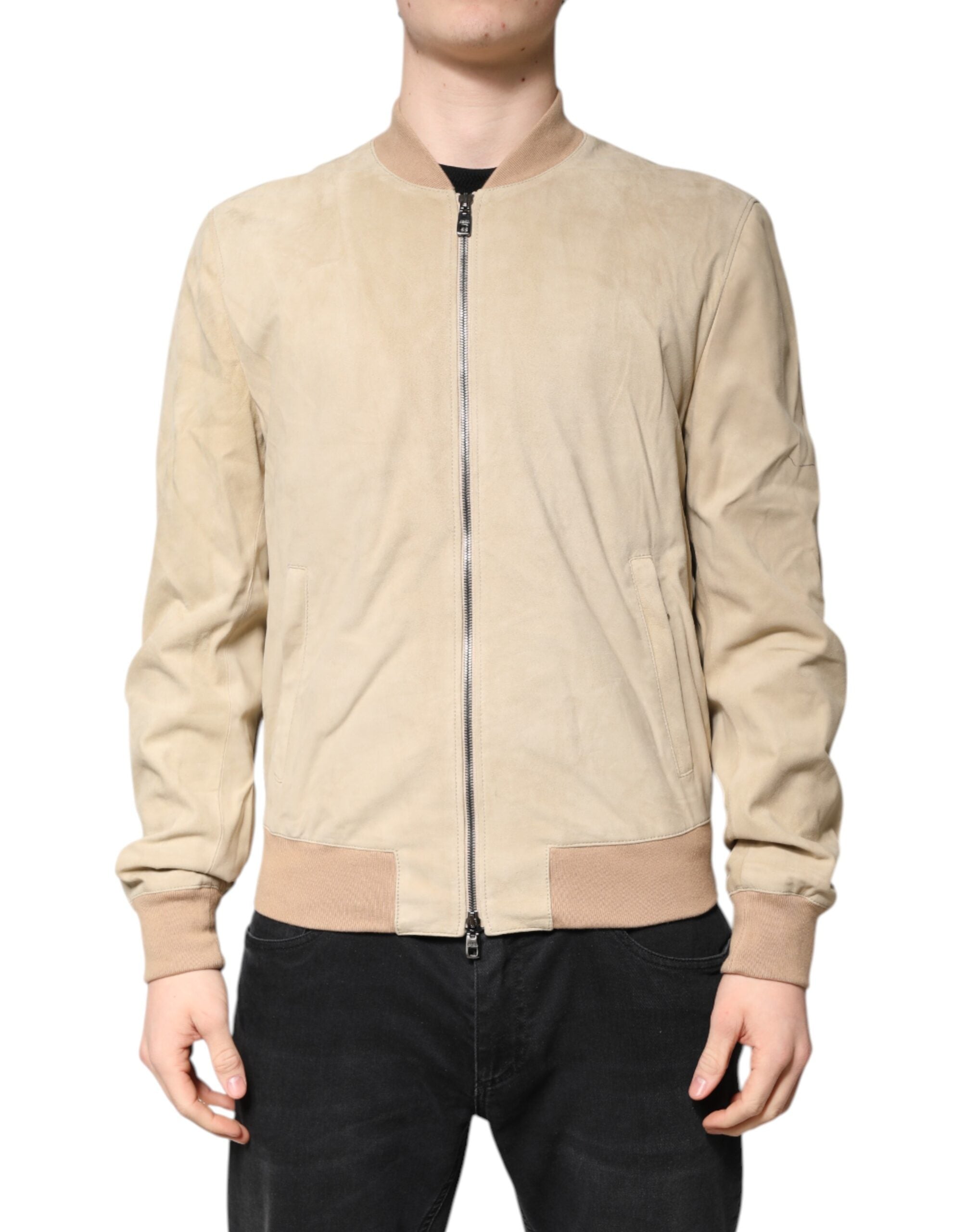 Beige Lambskin Full Zip Men Bomber Jacket