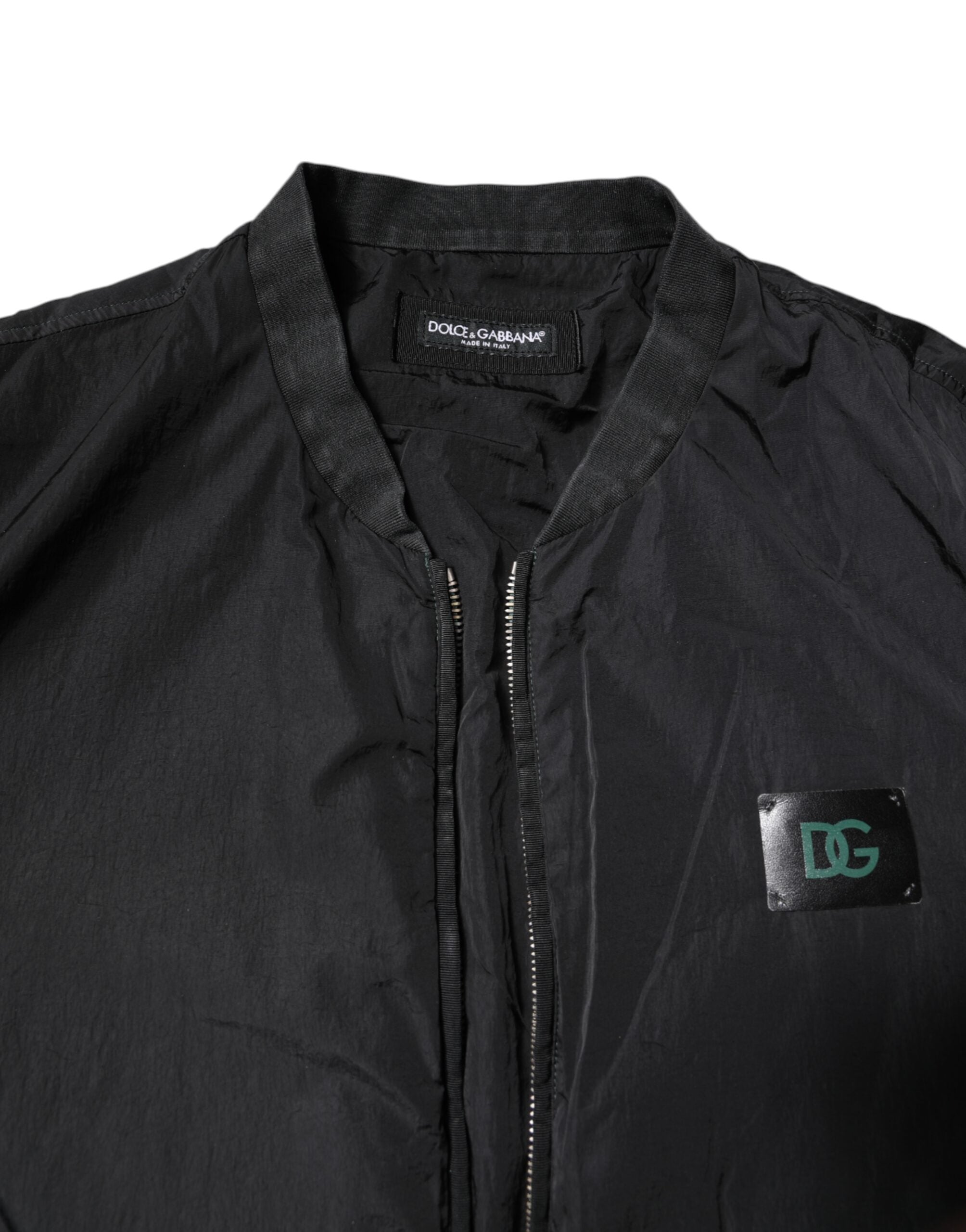 Black Nylon Logo Full Zip Bomber Jacket