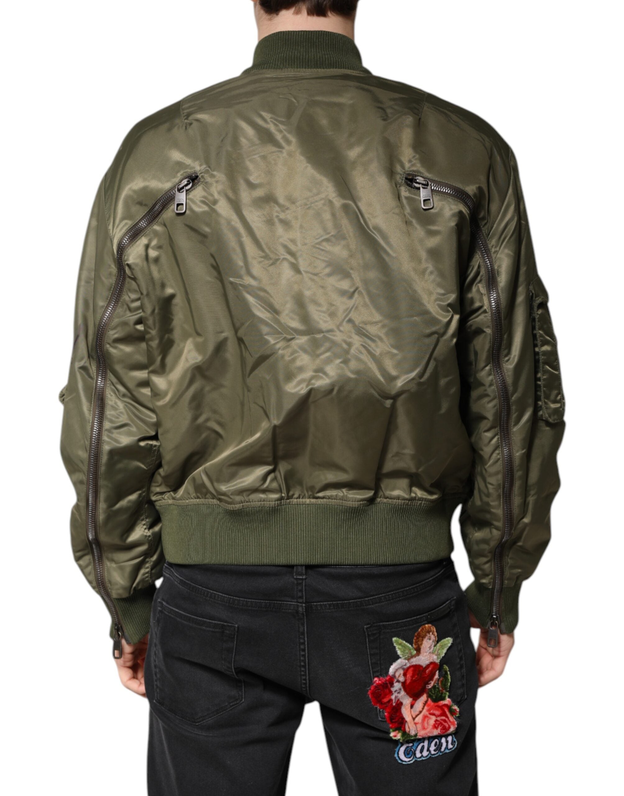 Green Nylon Full Zip Men Bomber Jacket
