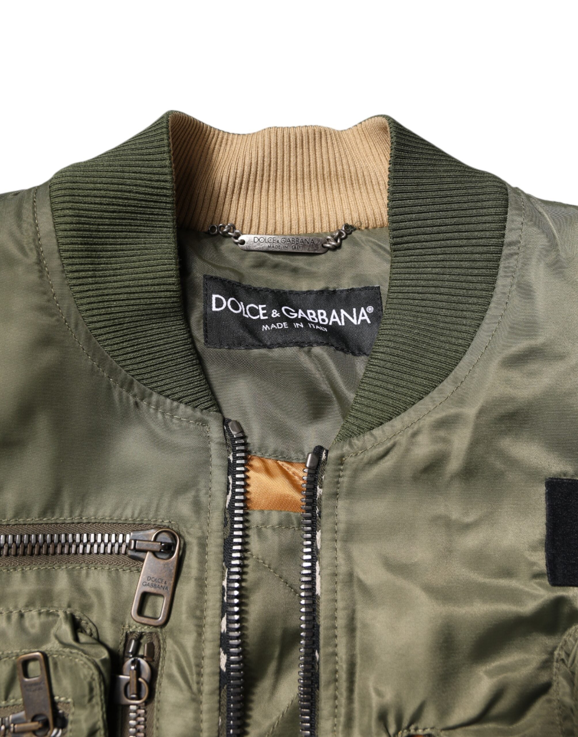 Green Nylon Full Zip Men Bomber Jacket