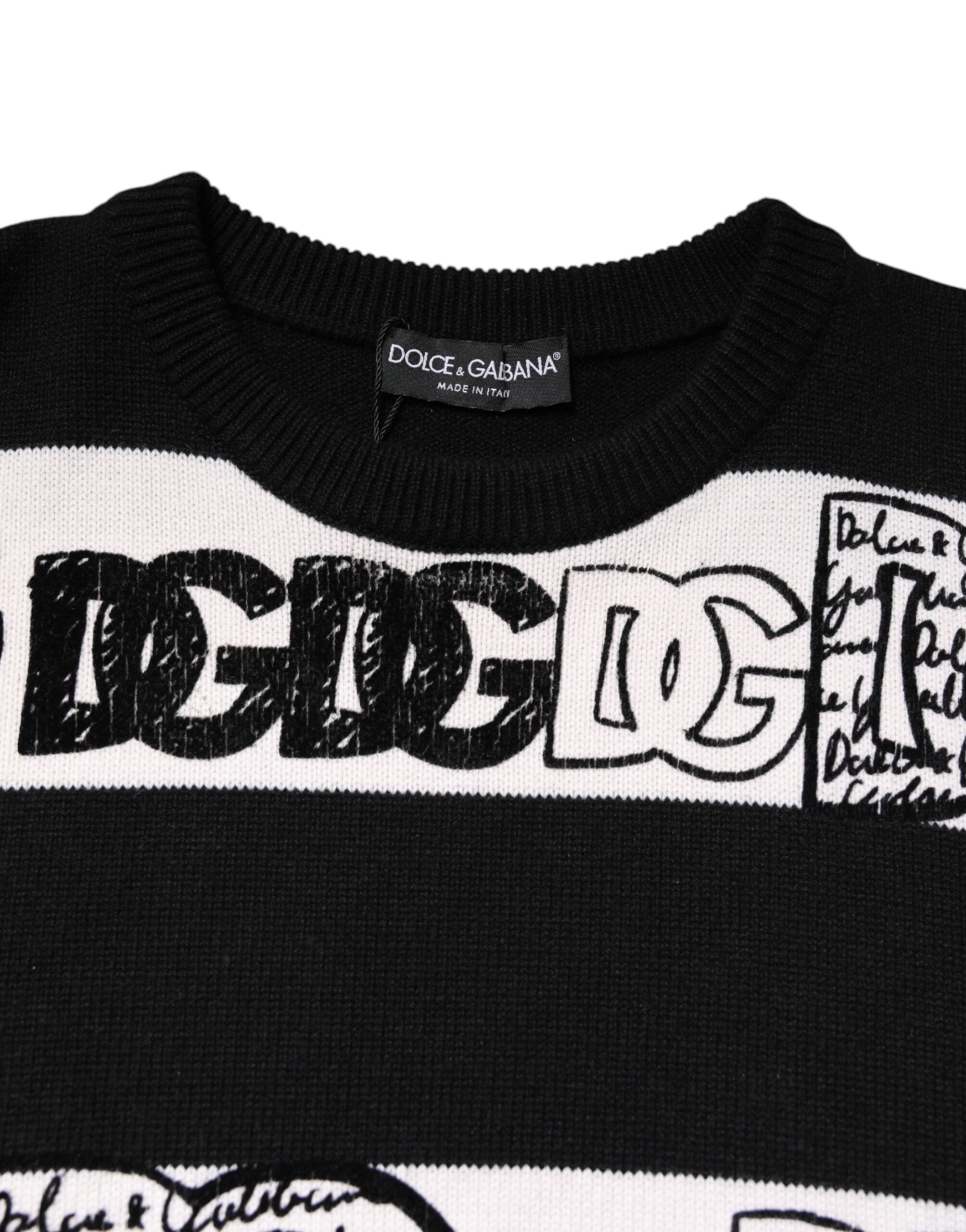 Black White Logo Print Wool Pullover Sweater
