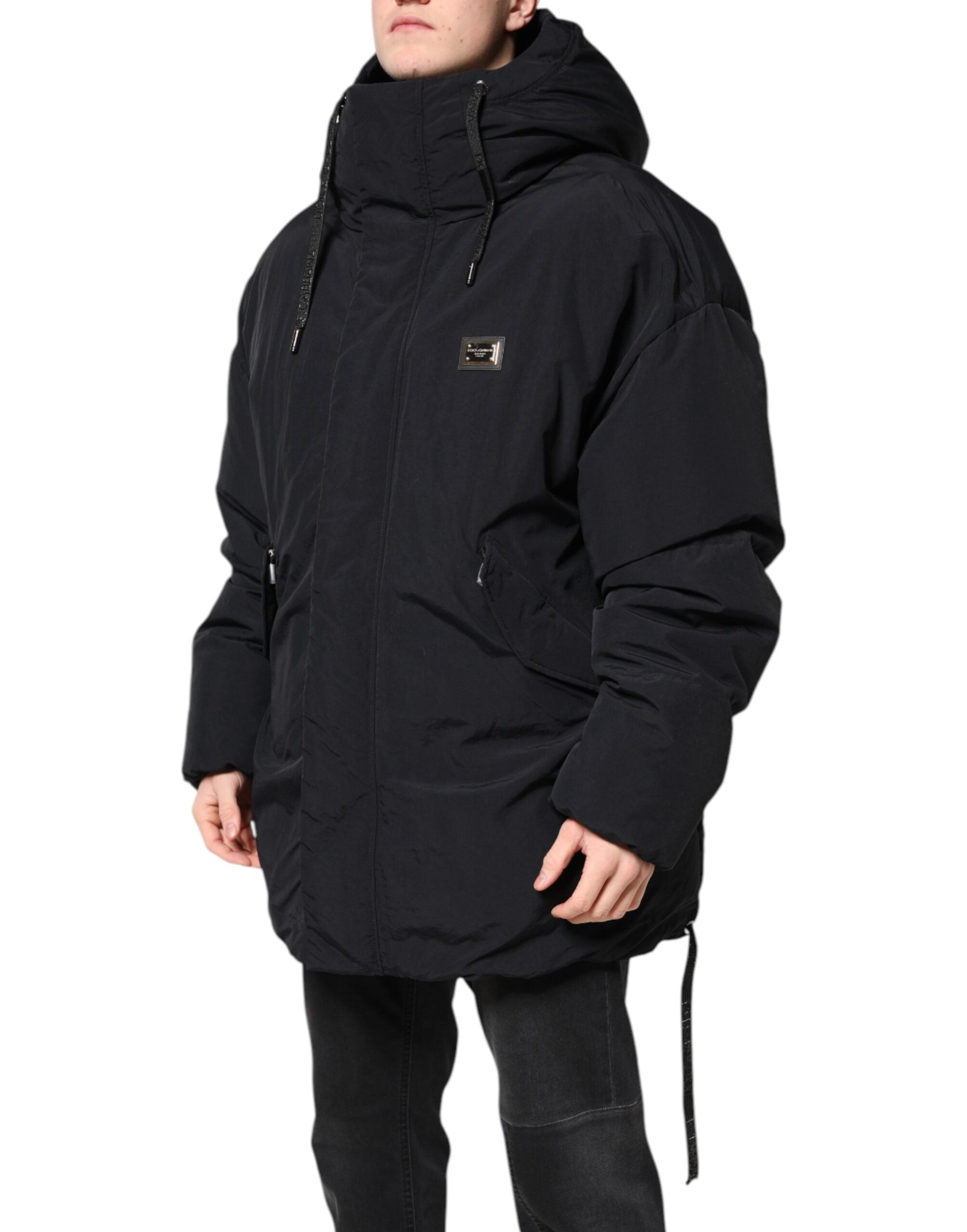 Black Nylon Full Zip Hooded Parka Jacket