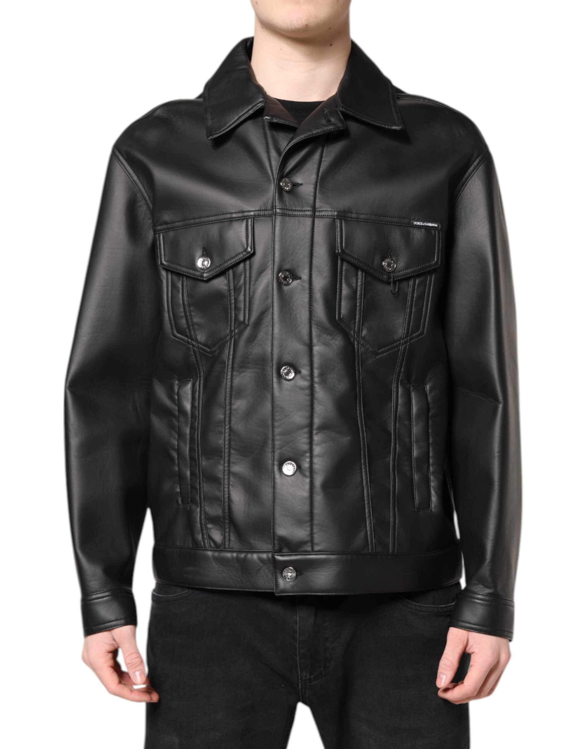 Black Polyester Button Down Biker Jacket