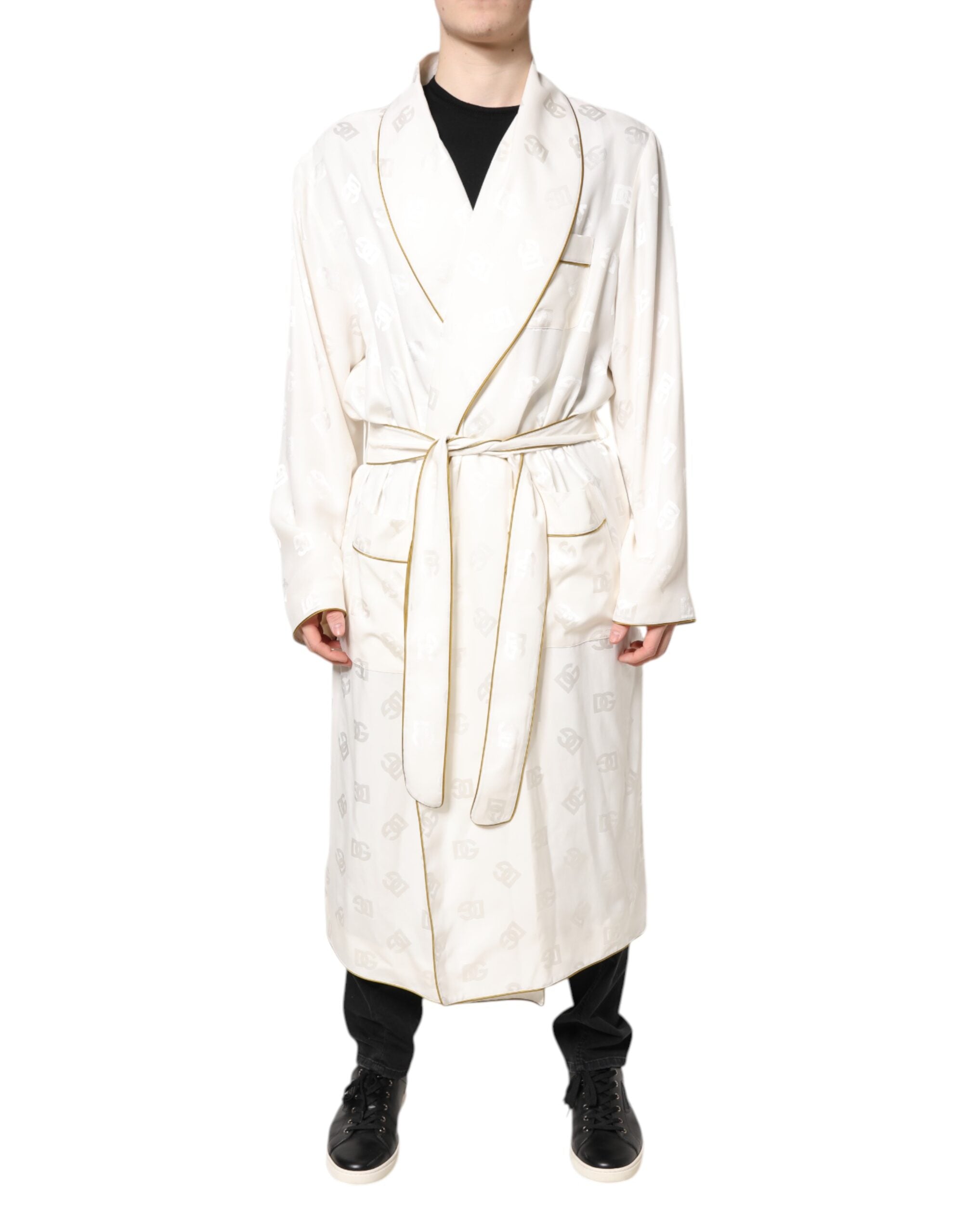 Ivory Silk Logo Men Wrap Robe Coat Jacket