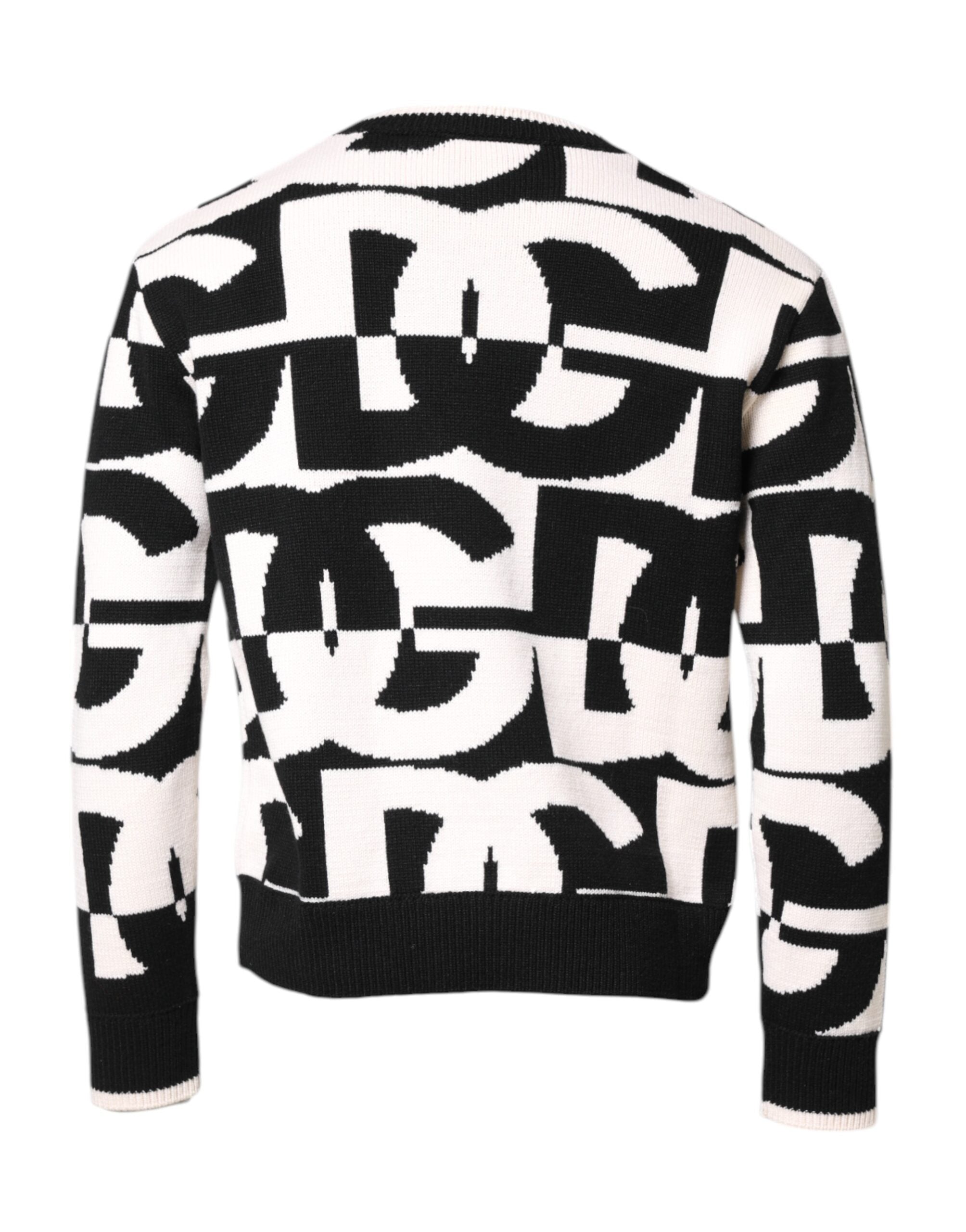 Black White Knit Logo Print Pullover Sweater