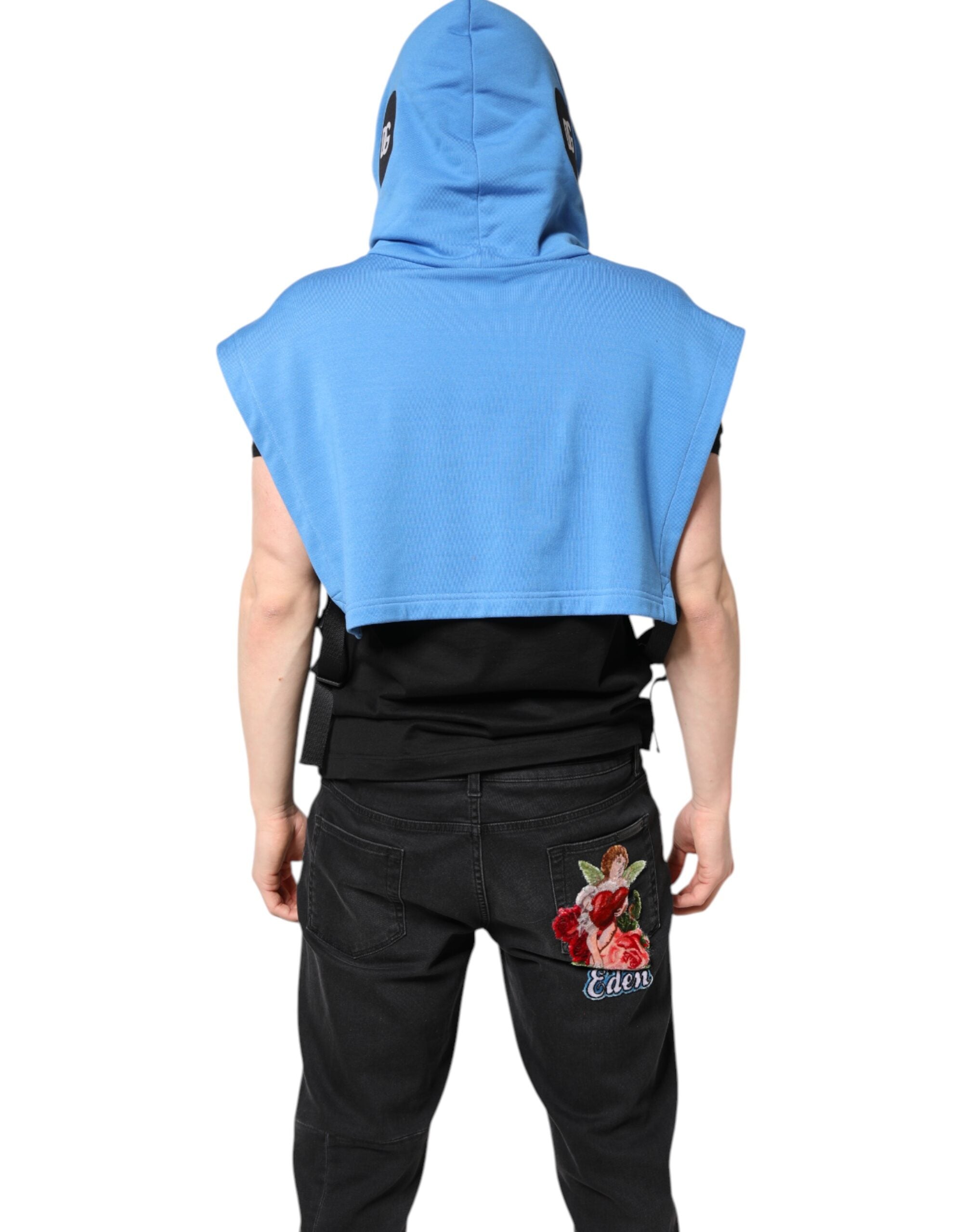 Blue Cotton Hooded Men Sportswear Vest Sweater