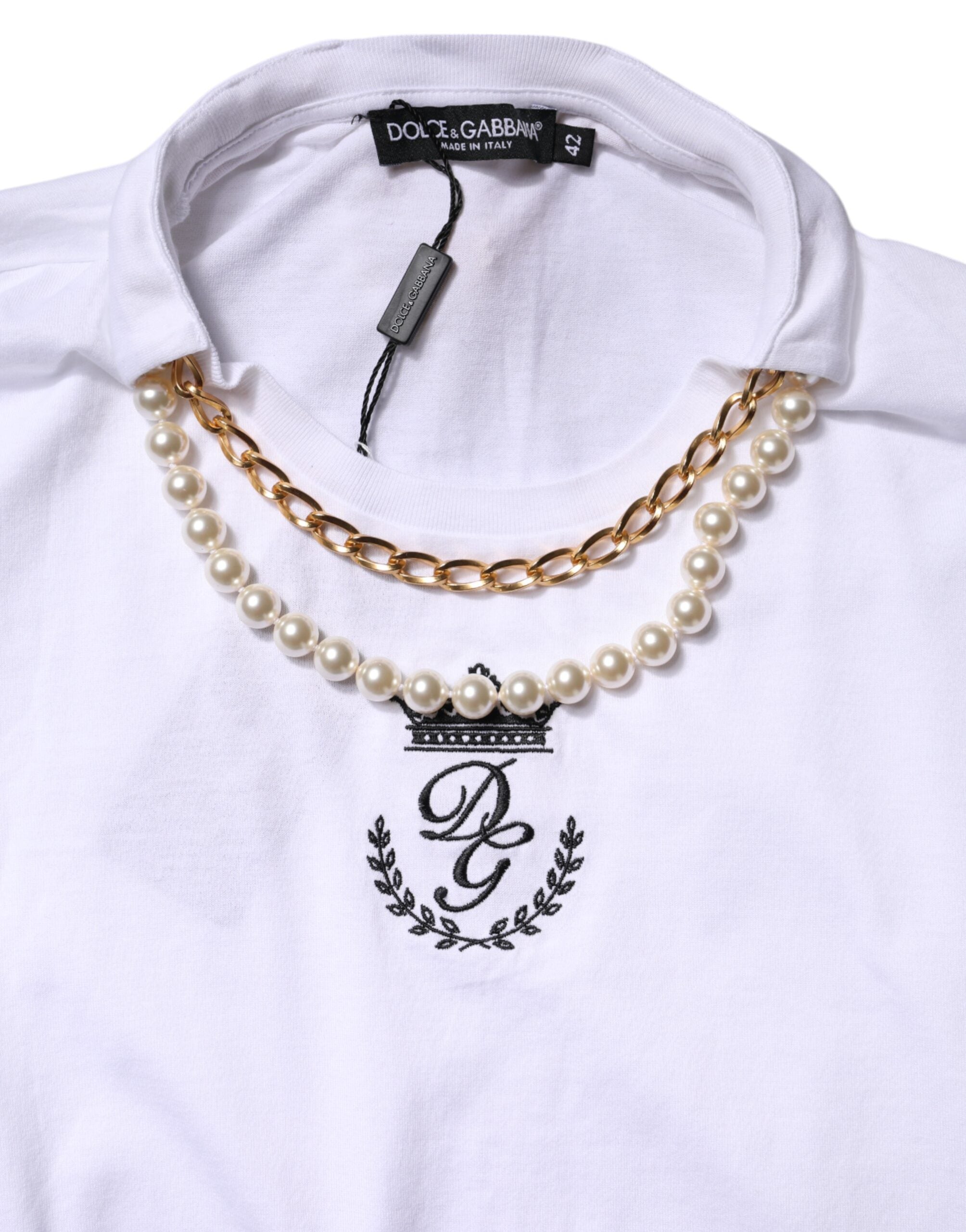 White Chain Pearl Cotton Round Neck T-shirt