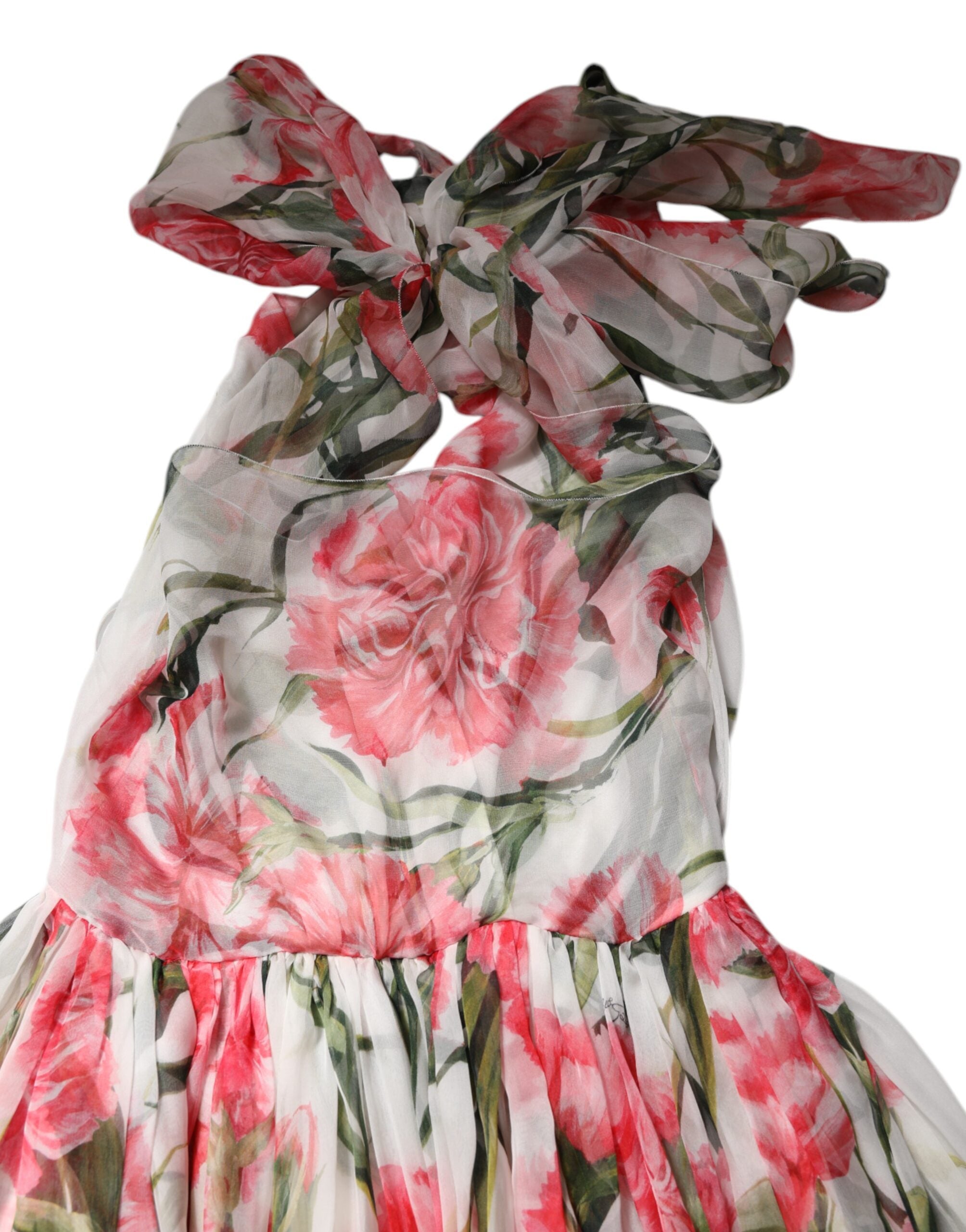 White Floral Silk Halter A-line Maxi Dress