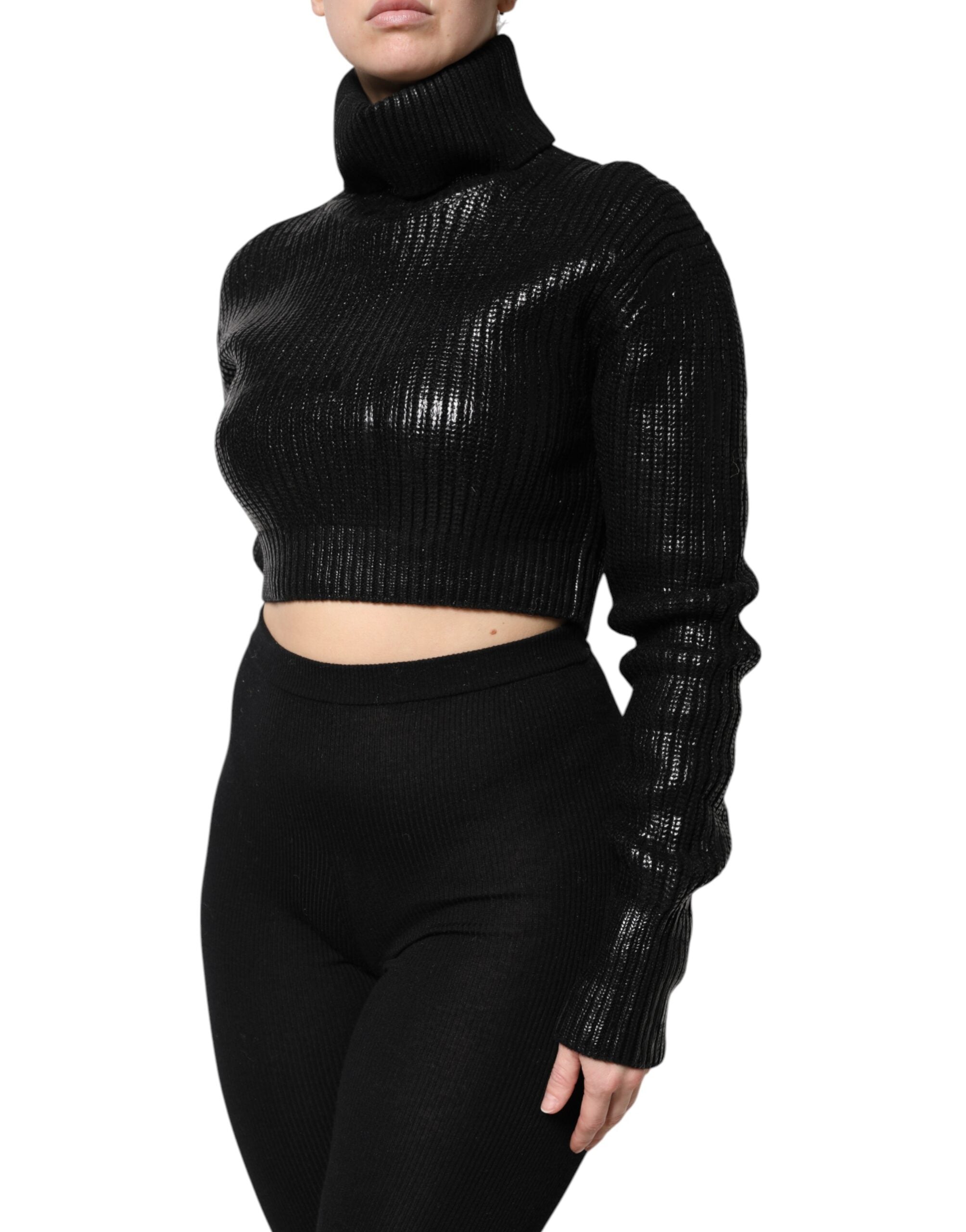 Black Wool Long Sleeve Turtleneck Cropped Top