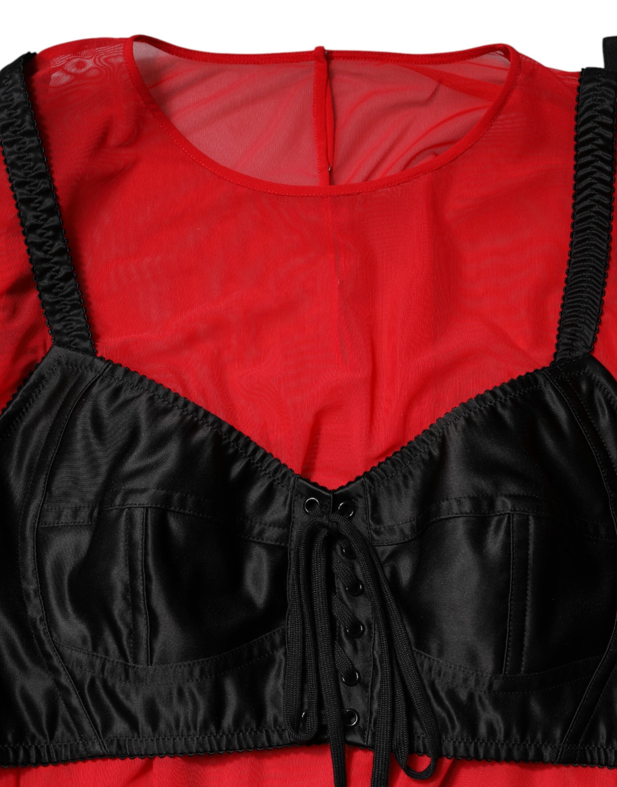 Red Black Bustier Detailing Long Sleeves Top