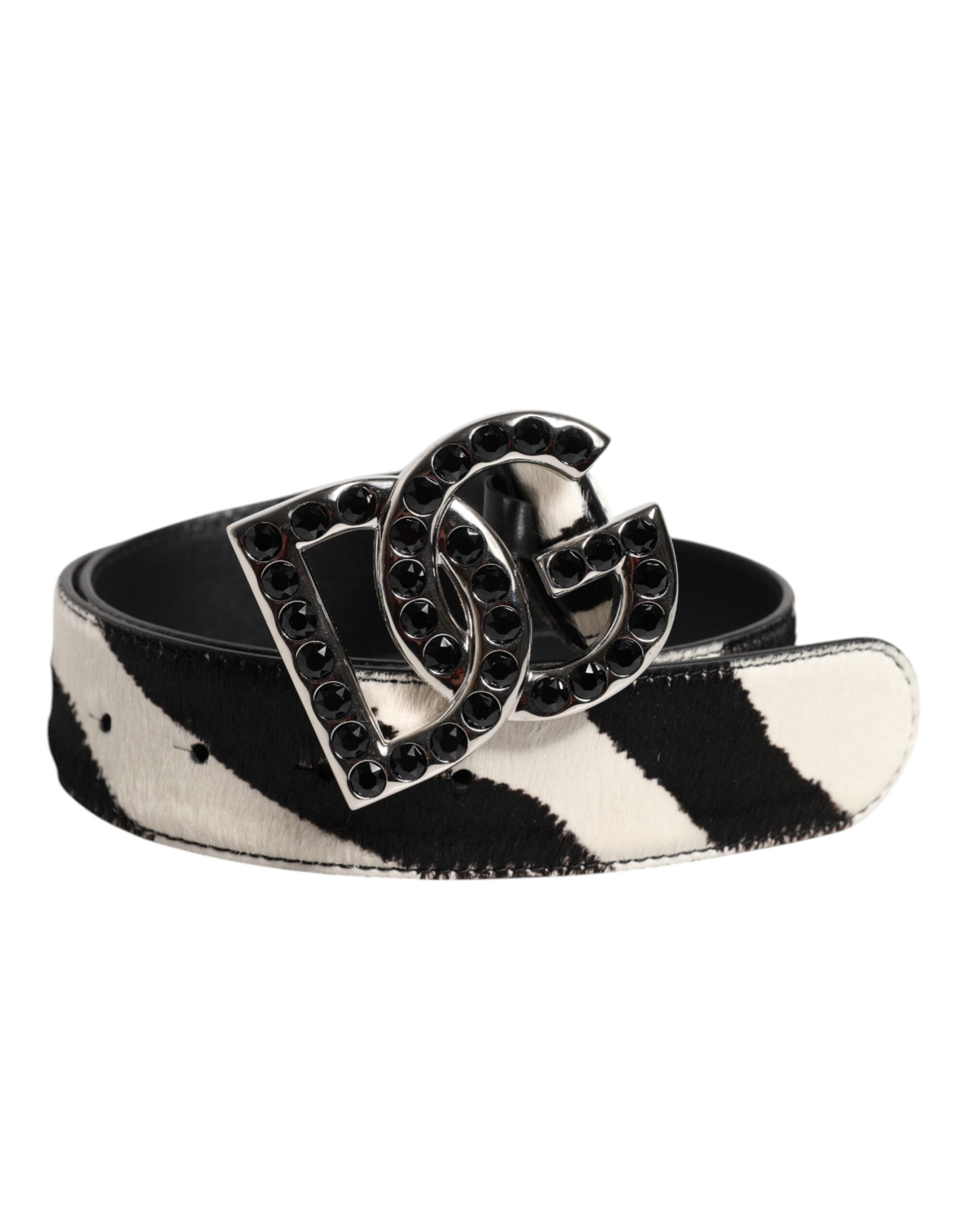 White Black Leather Zebra DG Crystal Buckle Belt