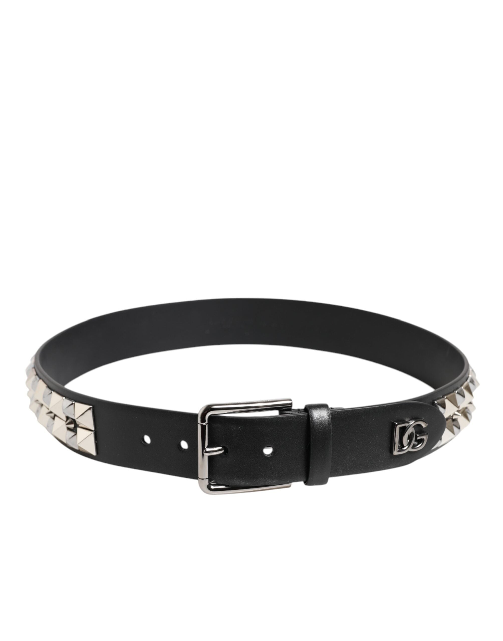 Black Calf Leather Studded Silver Buckle Belt