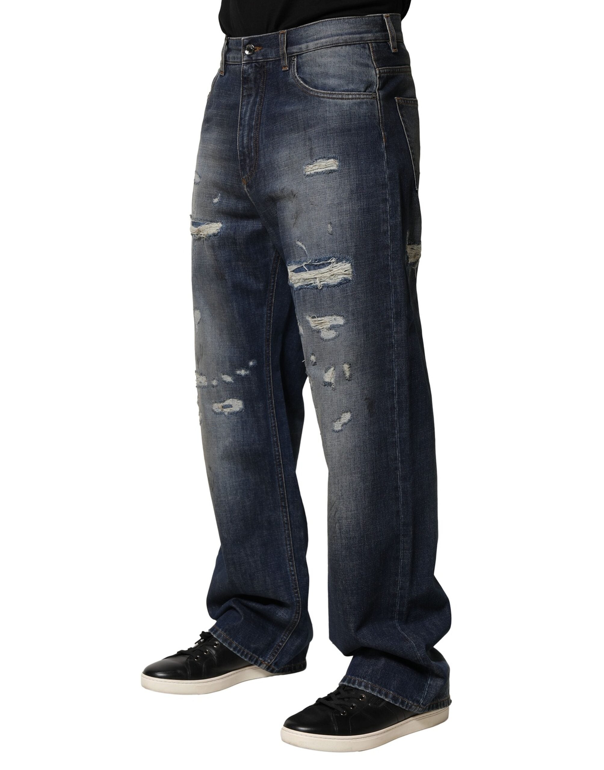 Blue Washed Tattered Cotton Men Jeans