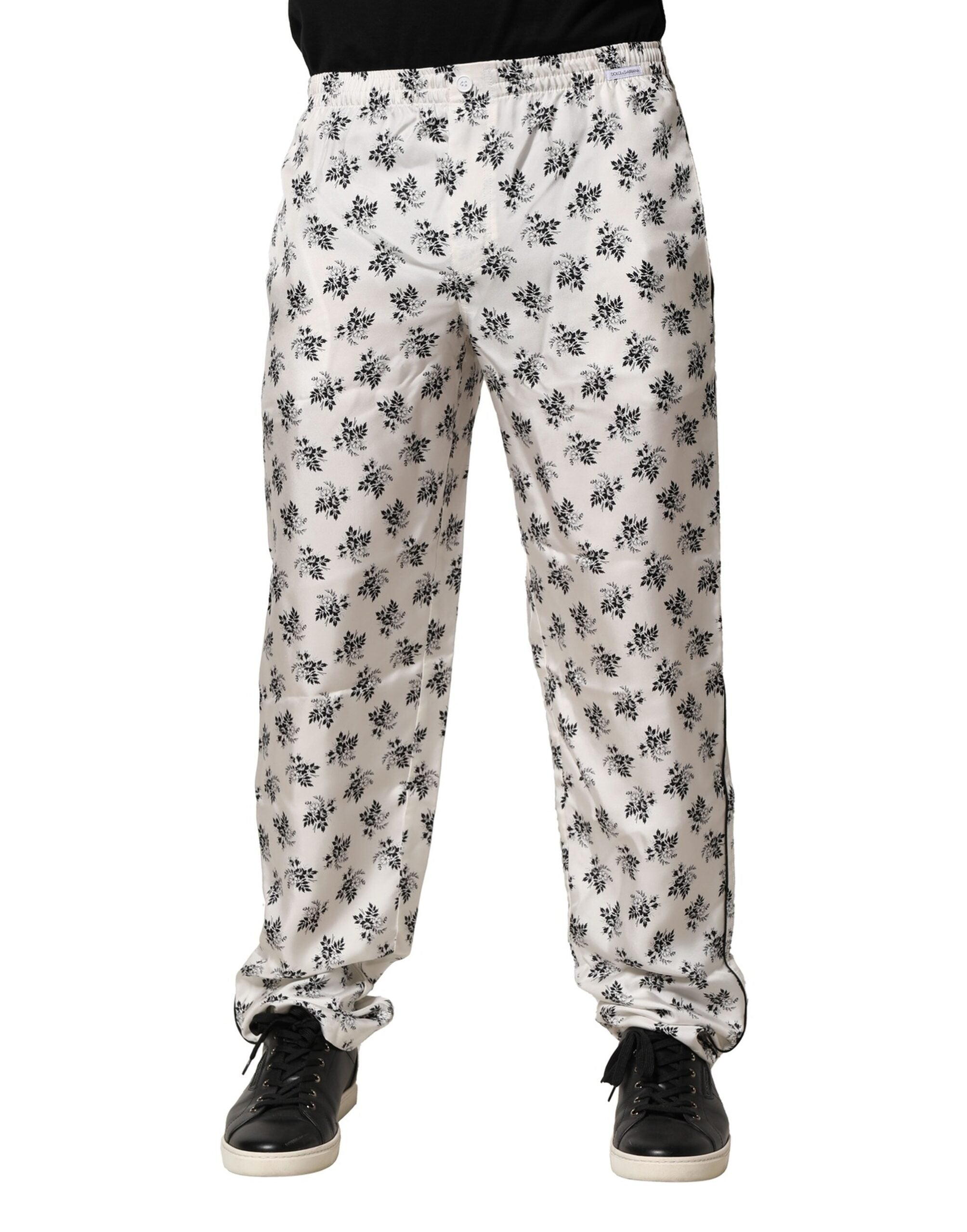 White Floral Silk Casual Lounge Pants
