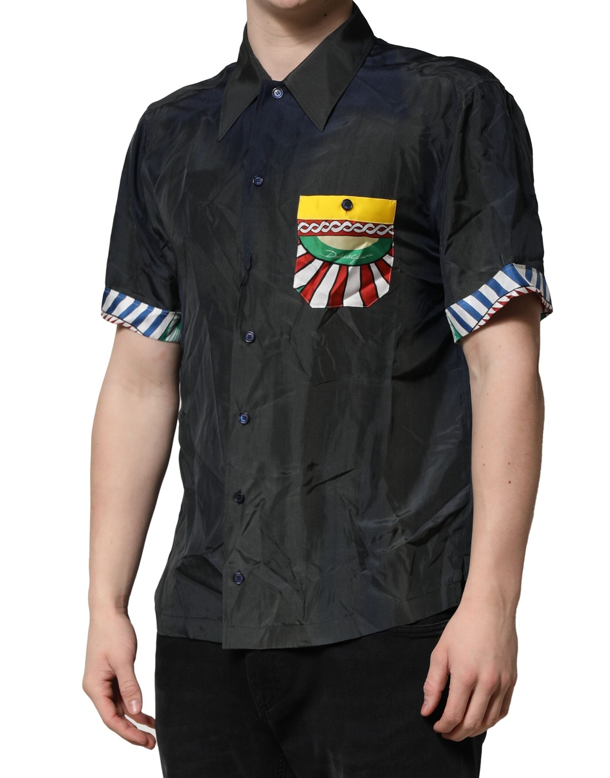 Black Silk Short Sleeves Men Casual Shirt