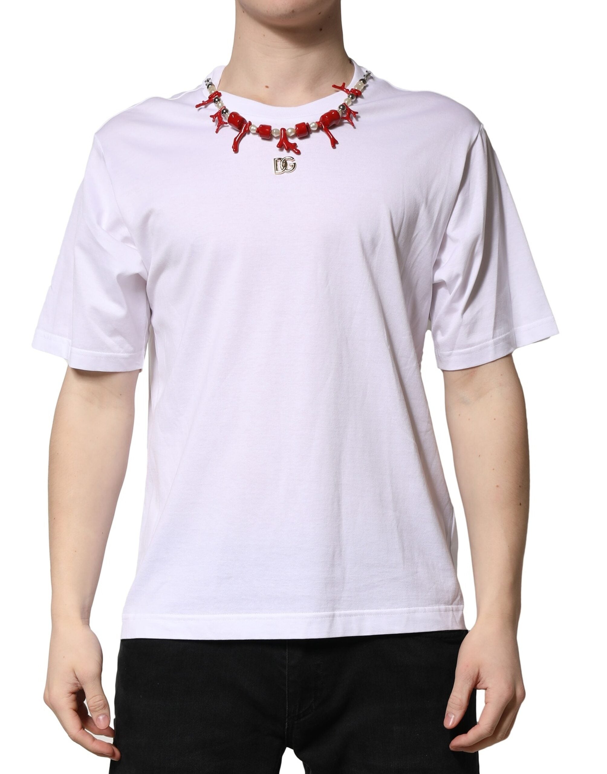 White Embellished Cotton Crew Neck T-shirt