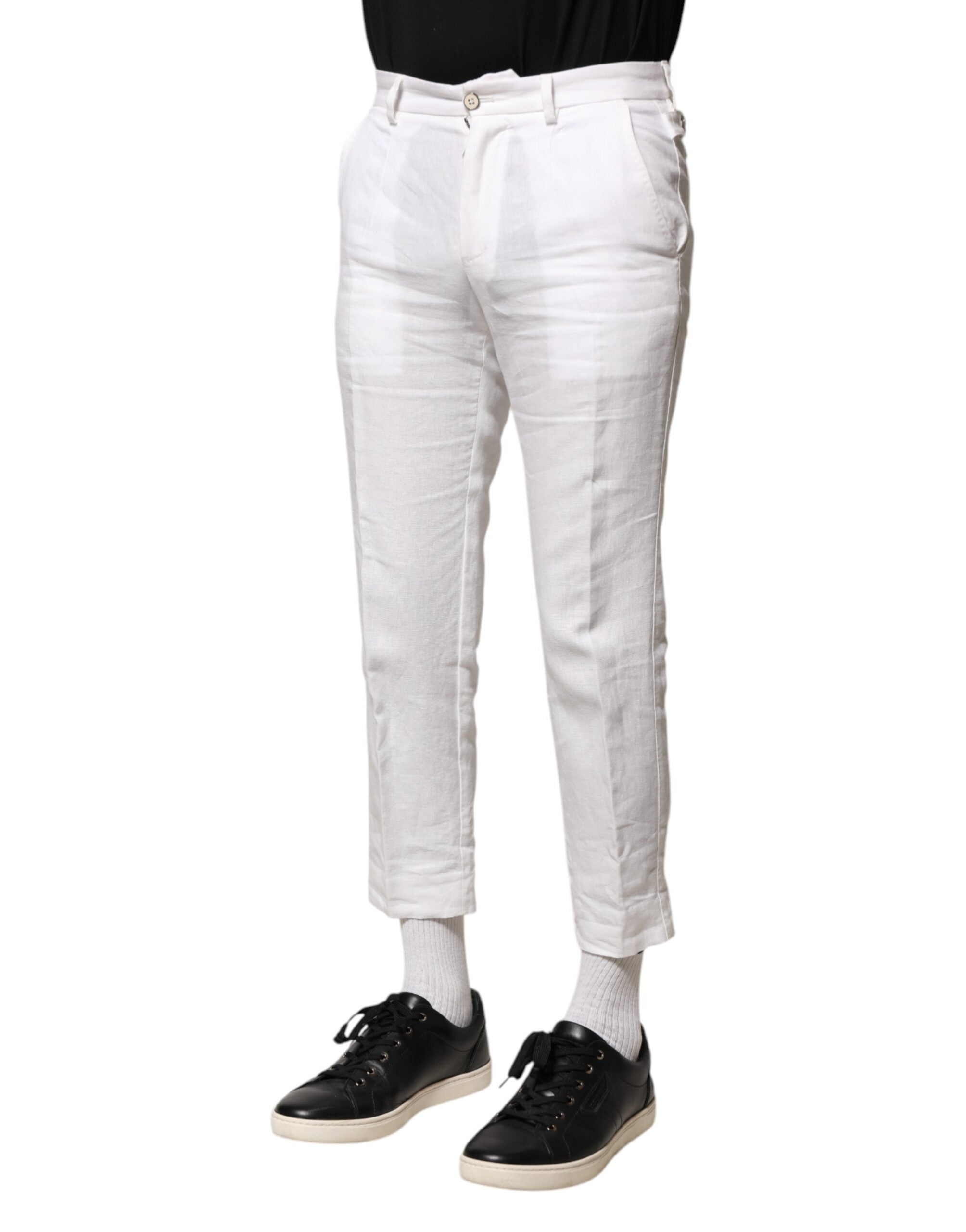 White Linen Mid Waist Cropped Pants