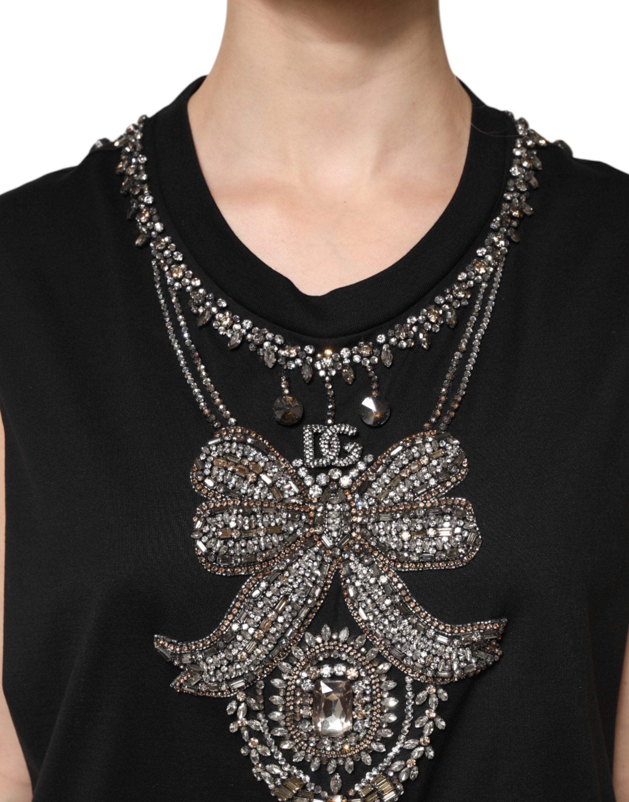 Black Cotton Rhinestone Embellished Tank Top