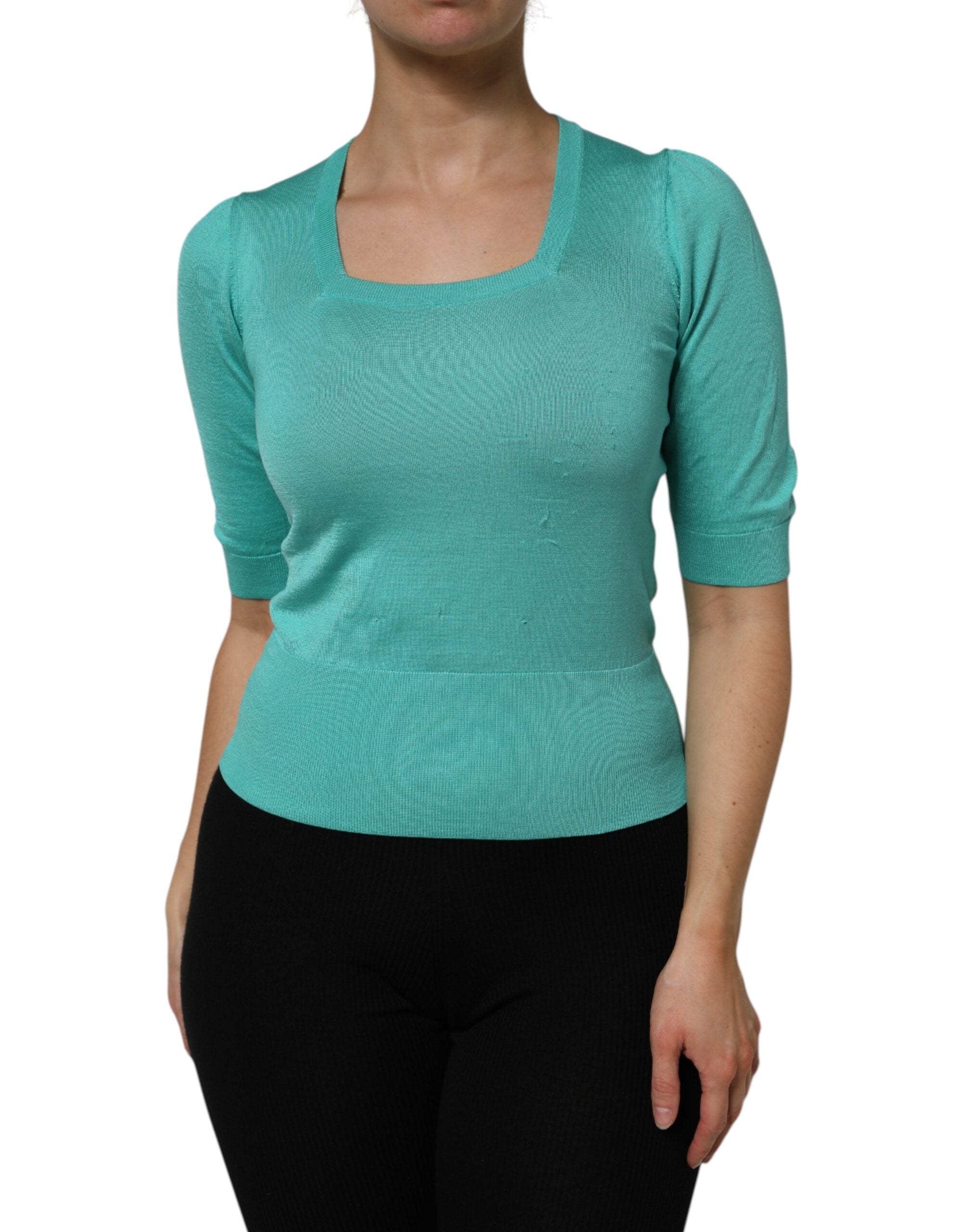 Aqua Blue Silk Short Sleeves Square Neck Top