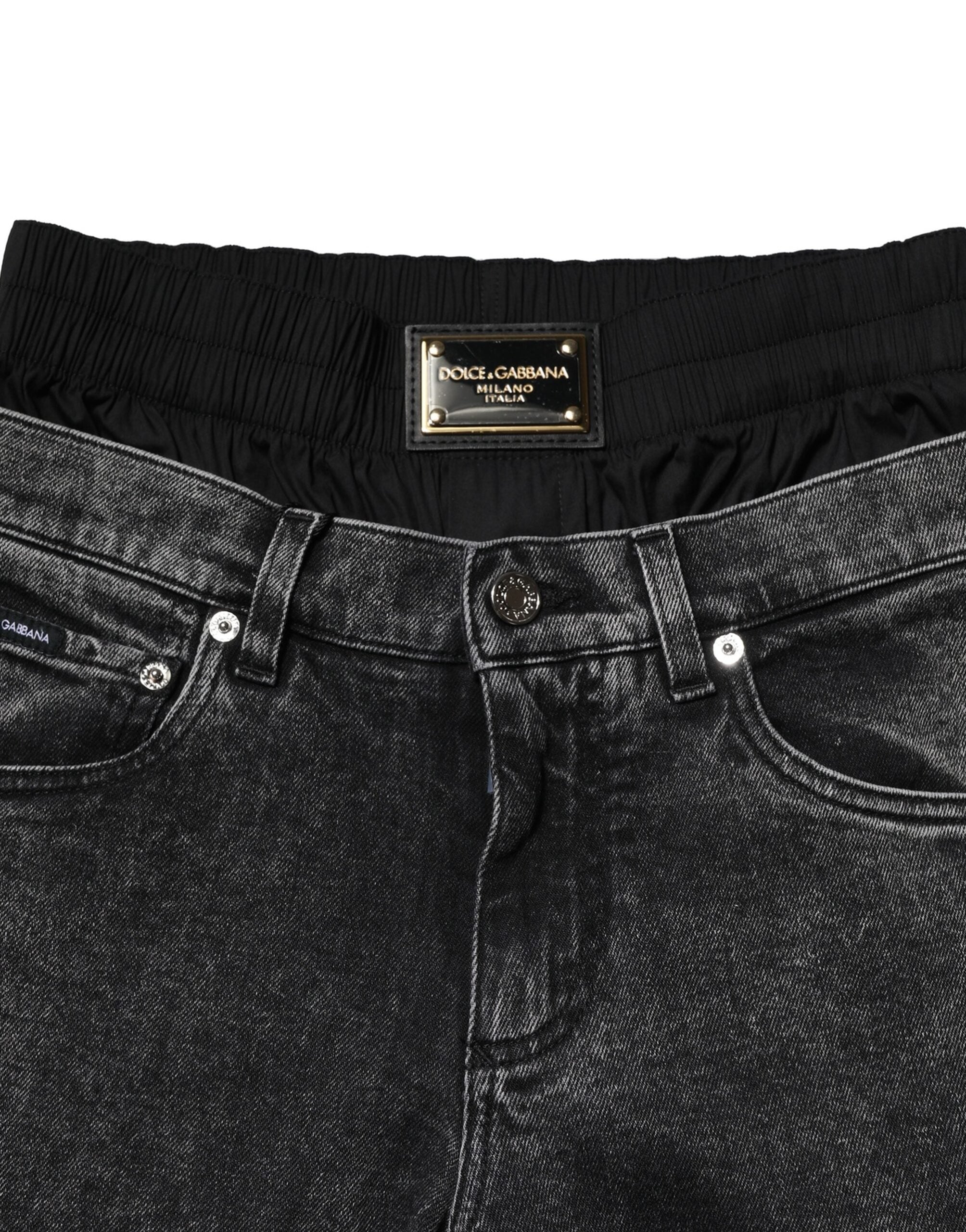 Black Washed Double Waistband Denim Jeans