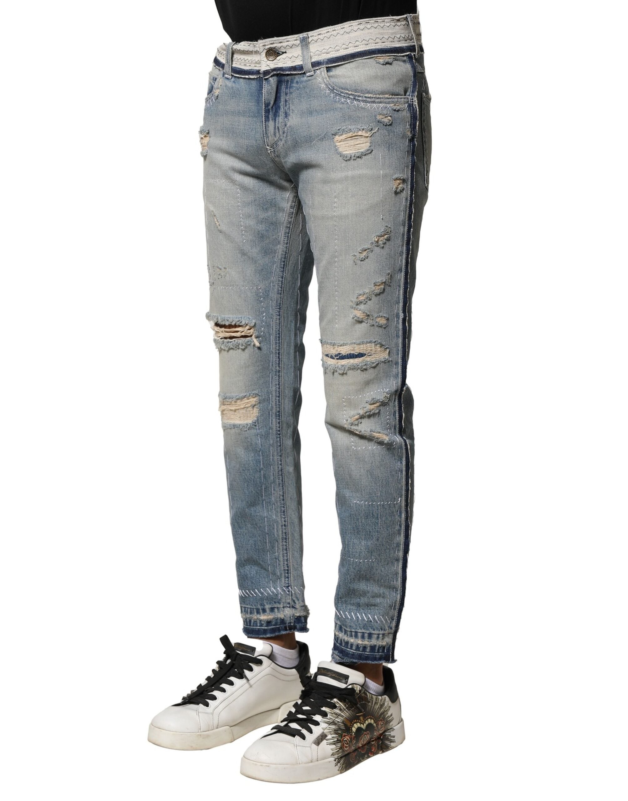 Light Blue Tattered Straight Men Denim Jeans