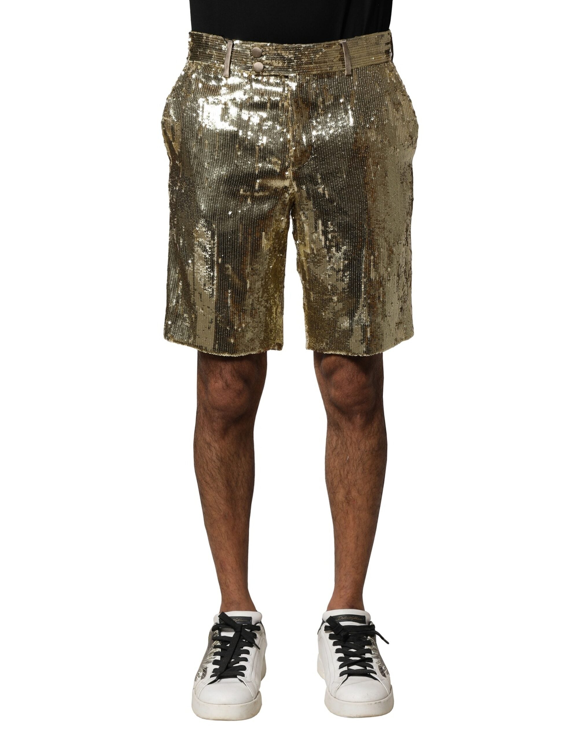 Gold Sequin Polyester Embellished Bermuda Shorts