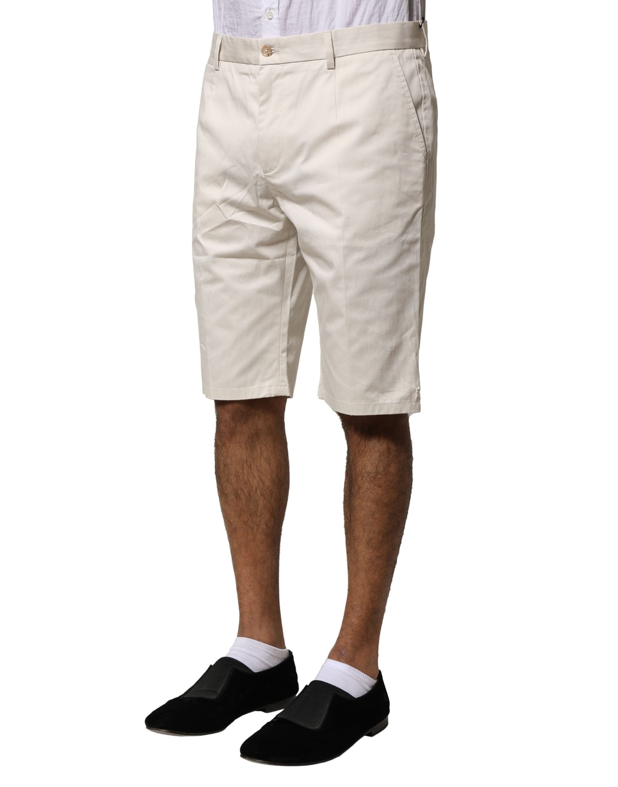 Beige Cotton Stretch Mid Waist Bermuda Shorts