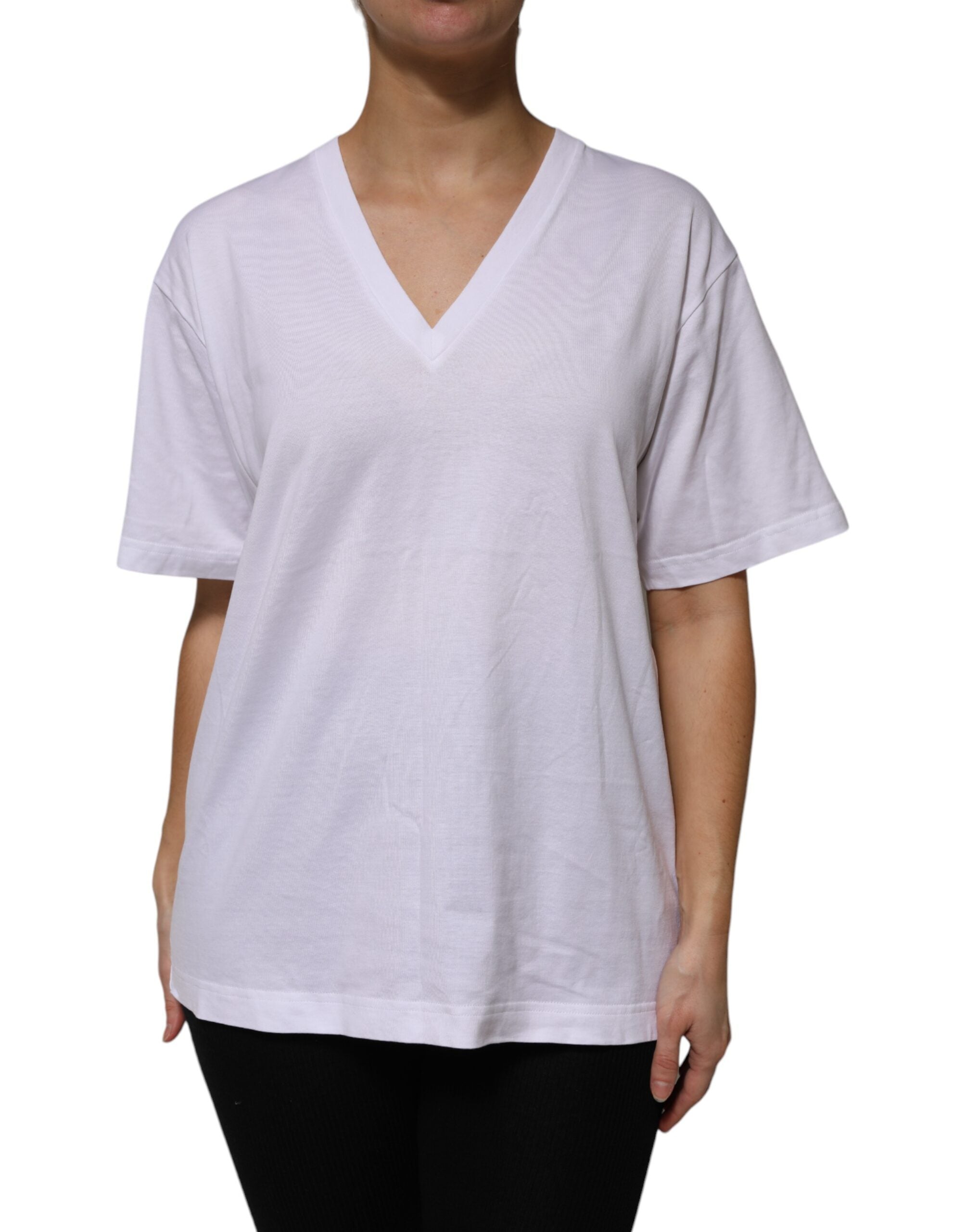 White Cotton Short Sleeves V-neck T-shirt