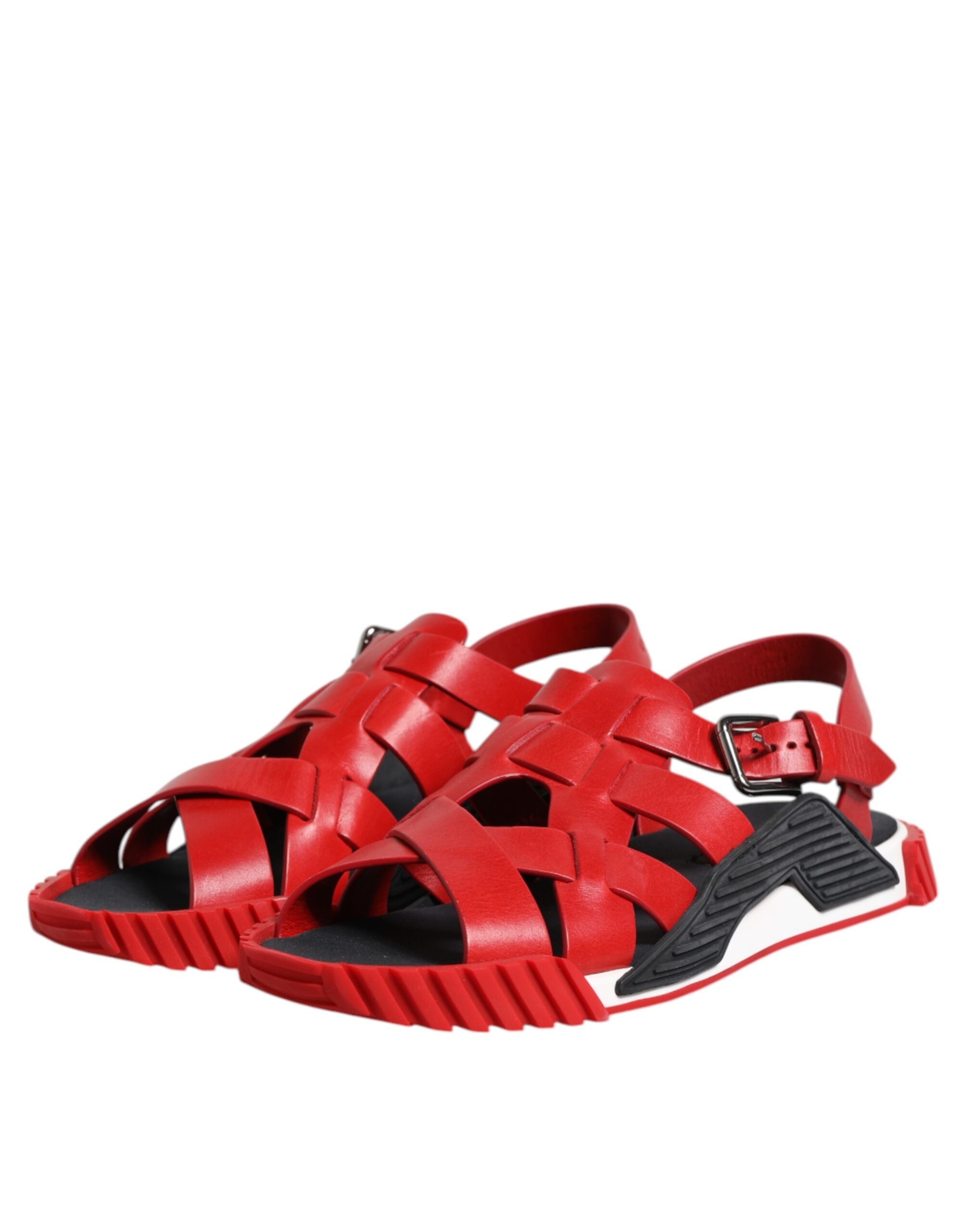 Red Black Leather Ankle Strap Sandals Shoes