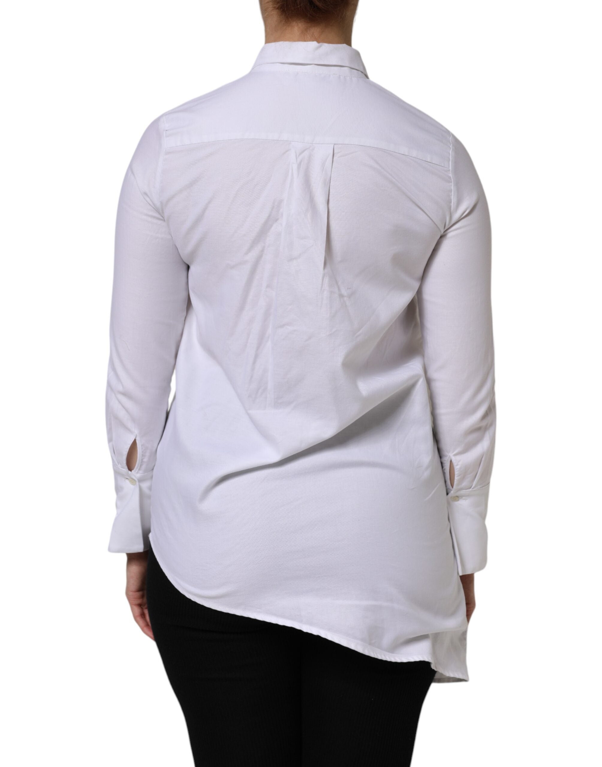 White Cotton Collared Long Sleeves Ruffle Top Shirt