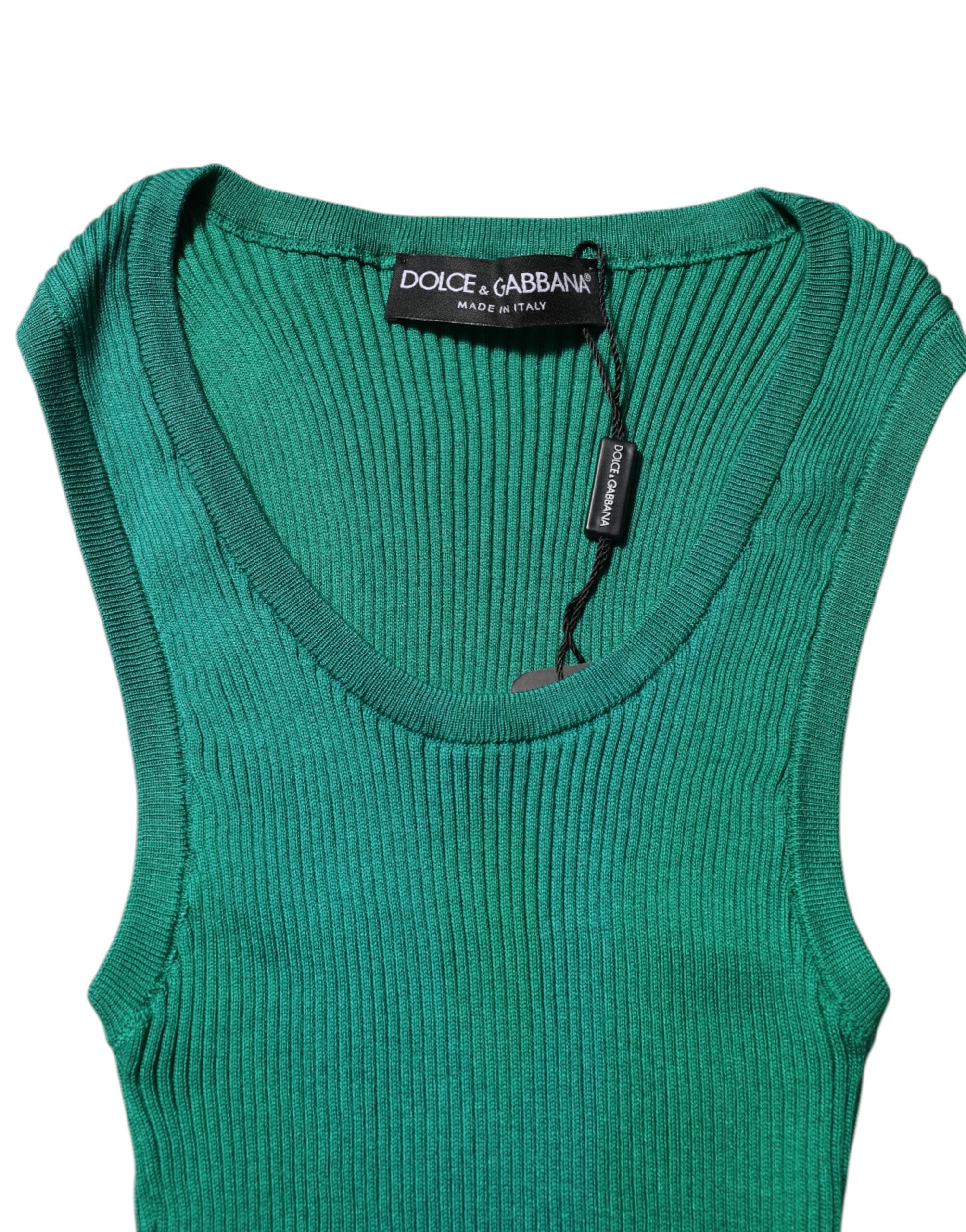 Green Silk Sleeveless Round Neck Tank Top