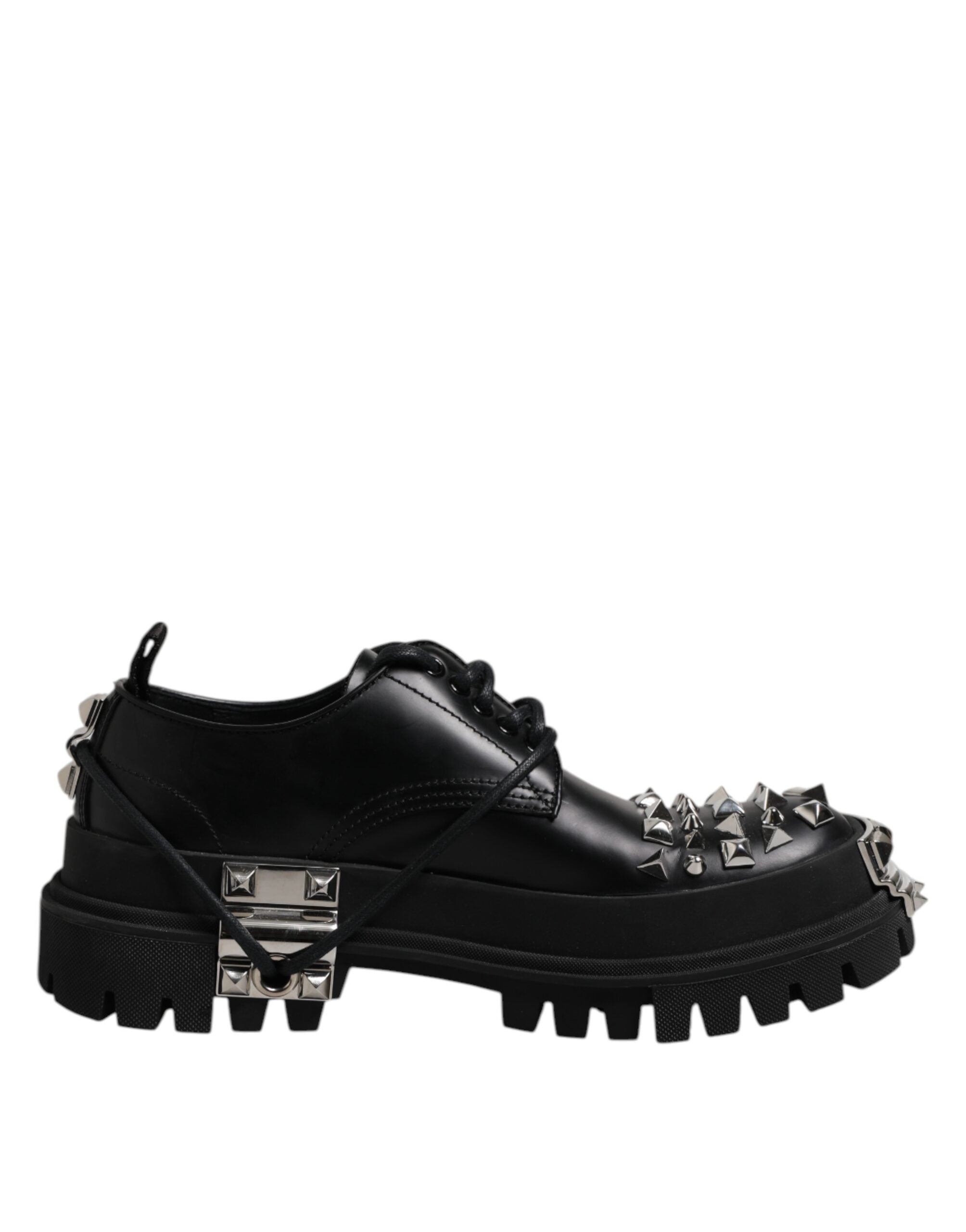 Black Leather Embellished Trekking Derby Shoes