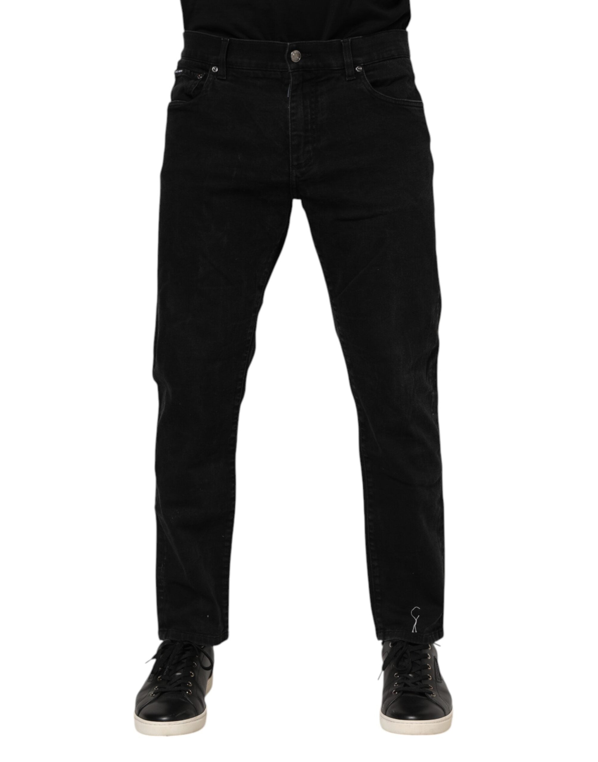 Black Cotton Logo Plaque Slim Fit Denim Jeans