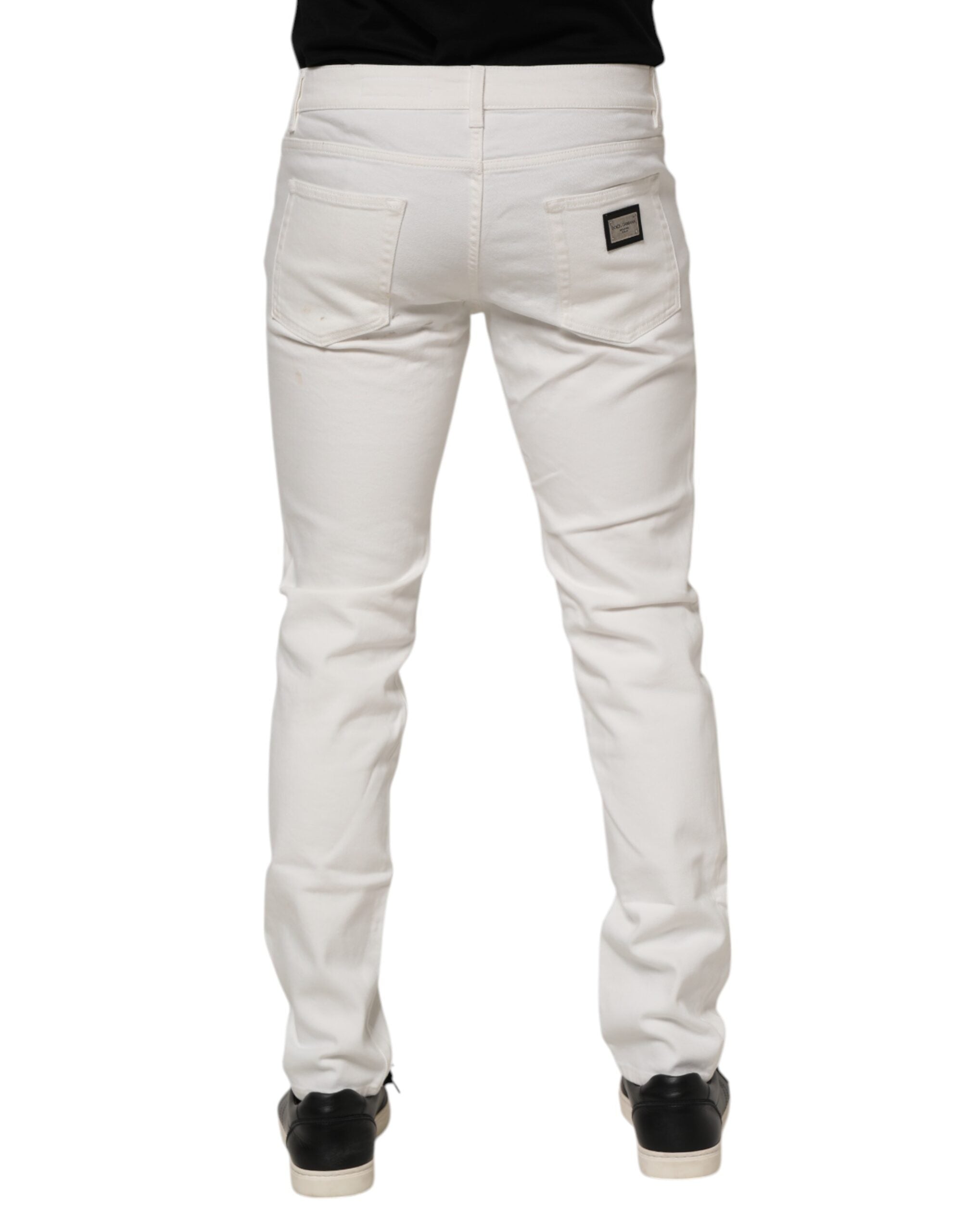 White Cotton Logo Plaque Slim Fit Denim Jeans