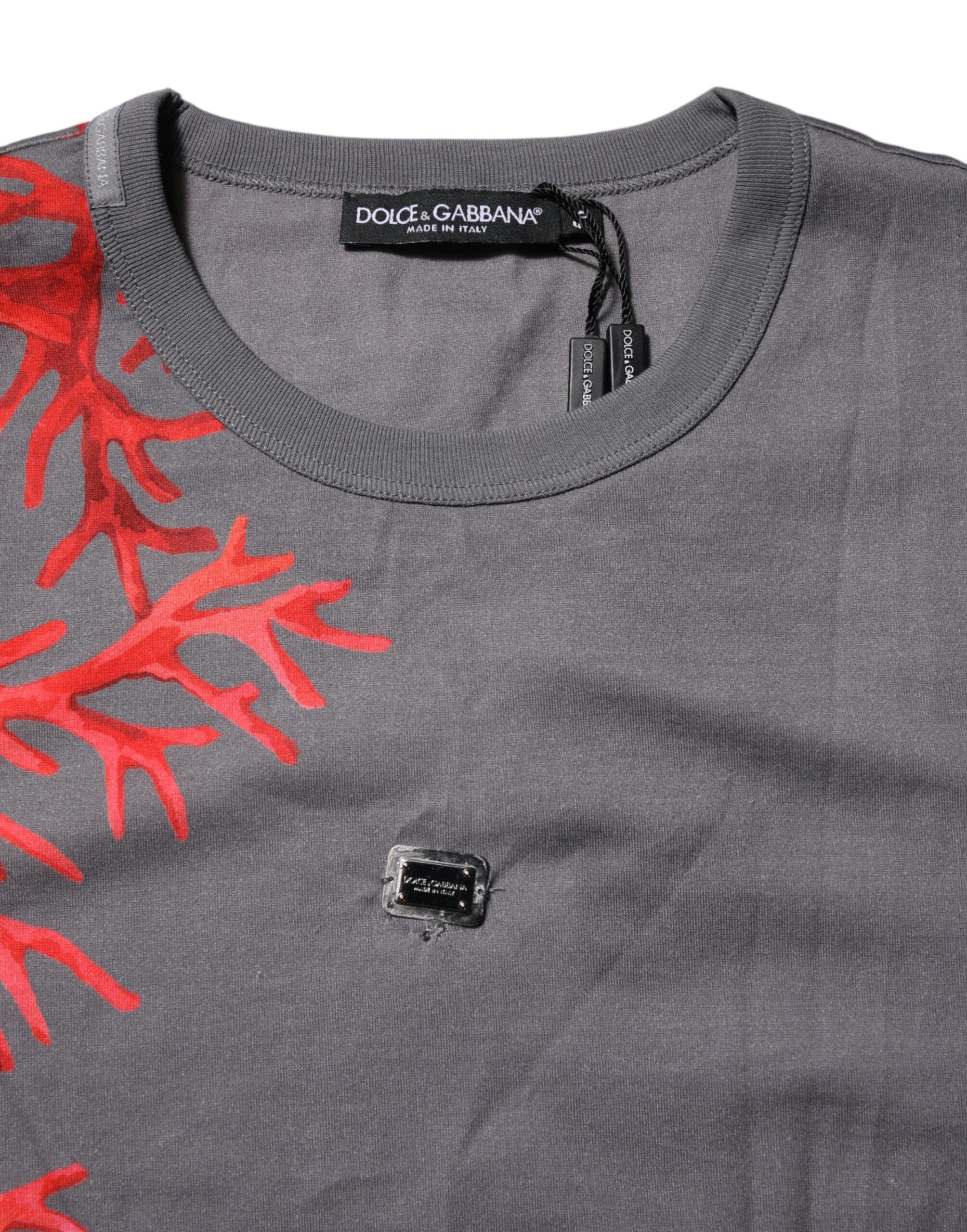 Gray Cotton Coral Print Logo Plaque T-shirt