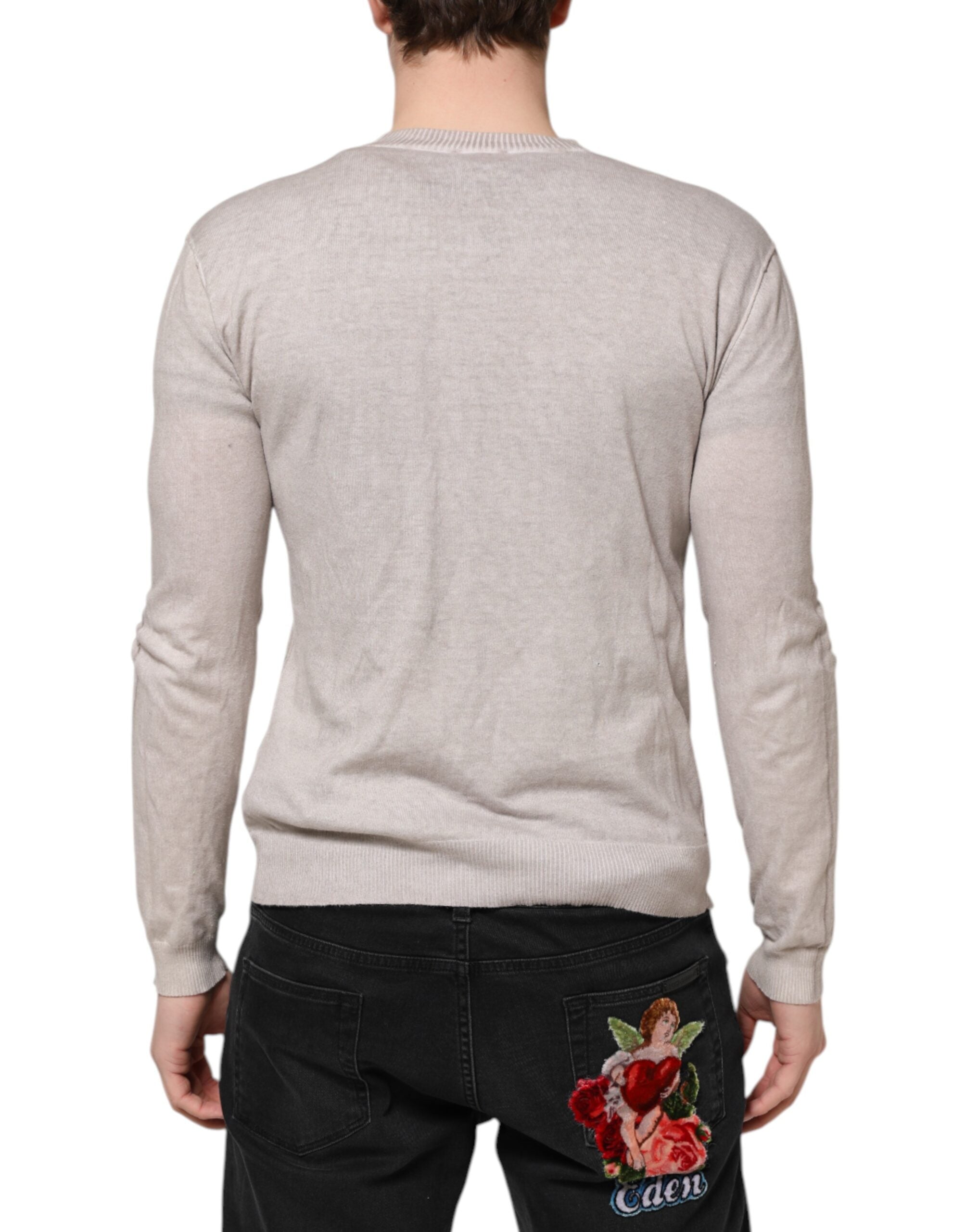 Beige Printed Logo Roundneck Long Sleeves Men Sweater