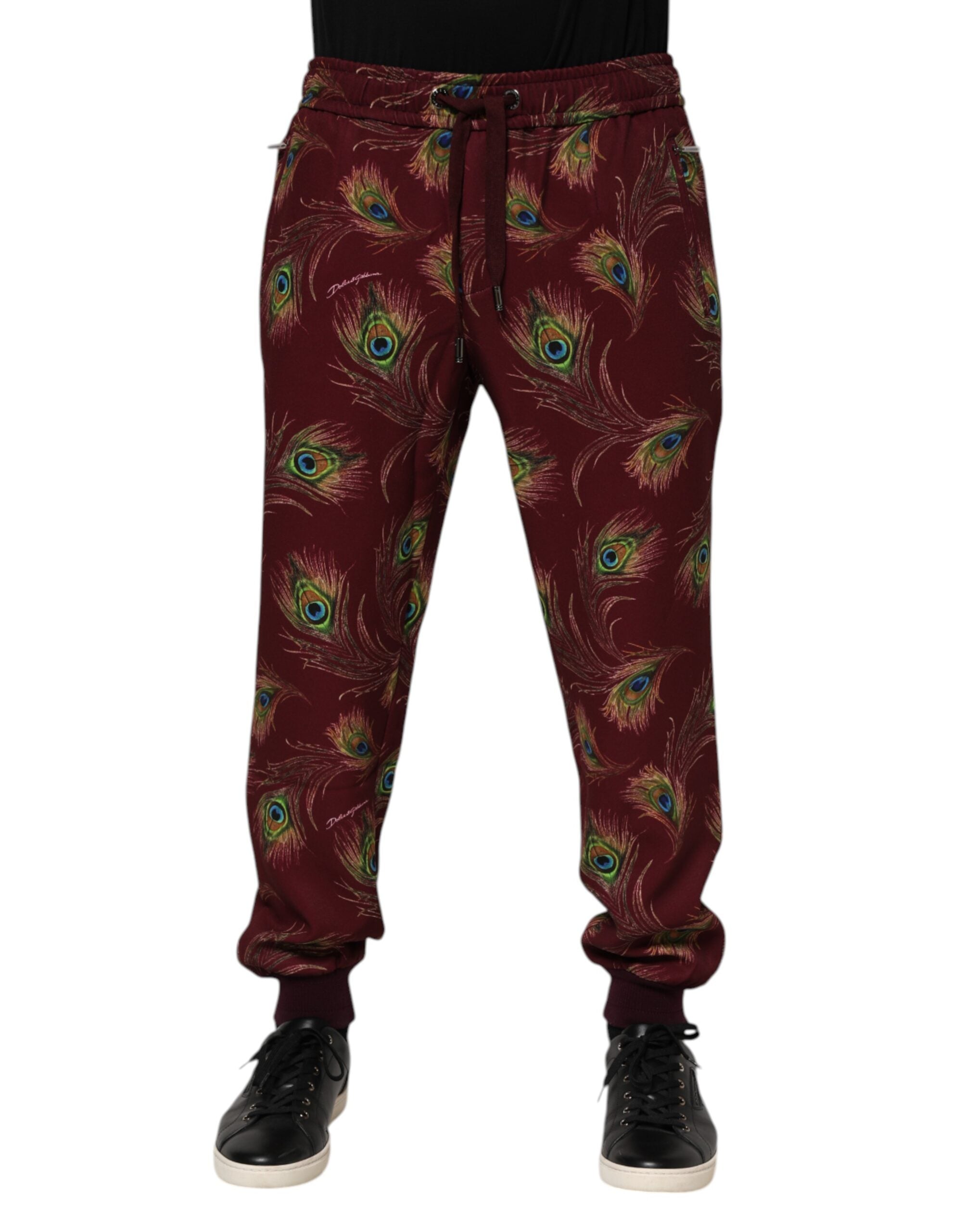 Burgundy Peacock Feather Print Jogger Pants