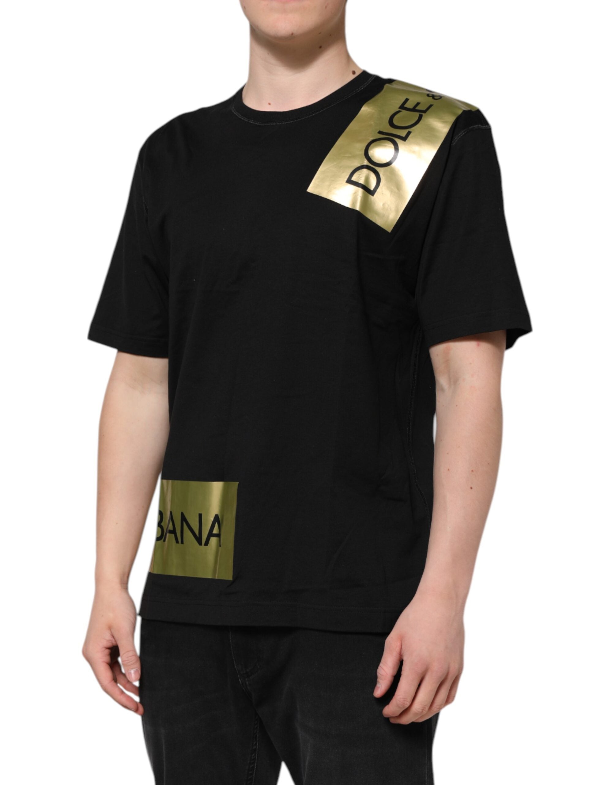 Black Logo Tape Cotton Men Crew Neck T-shirt