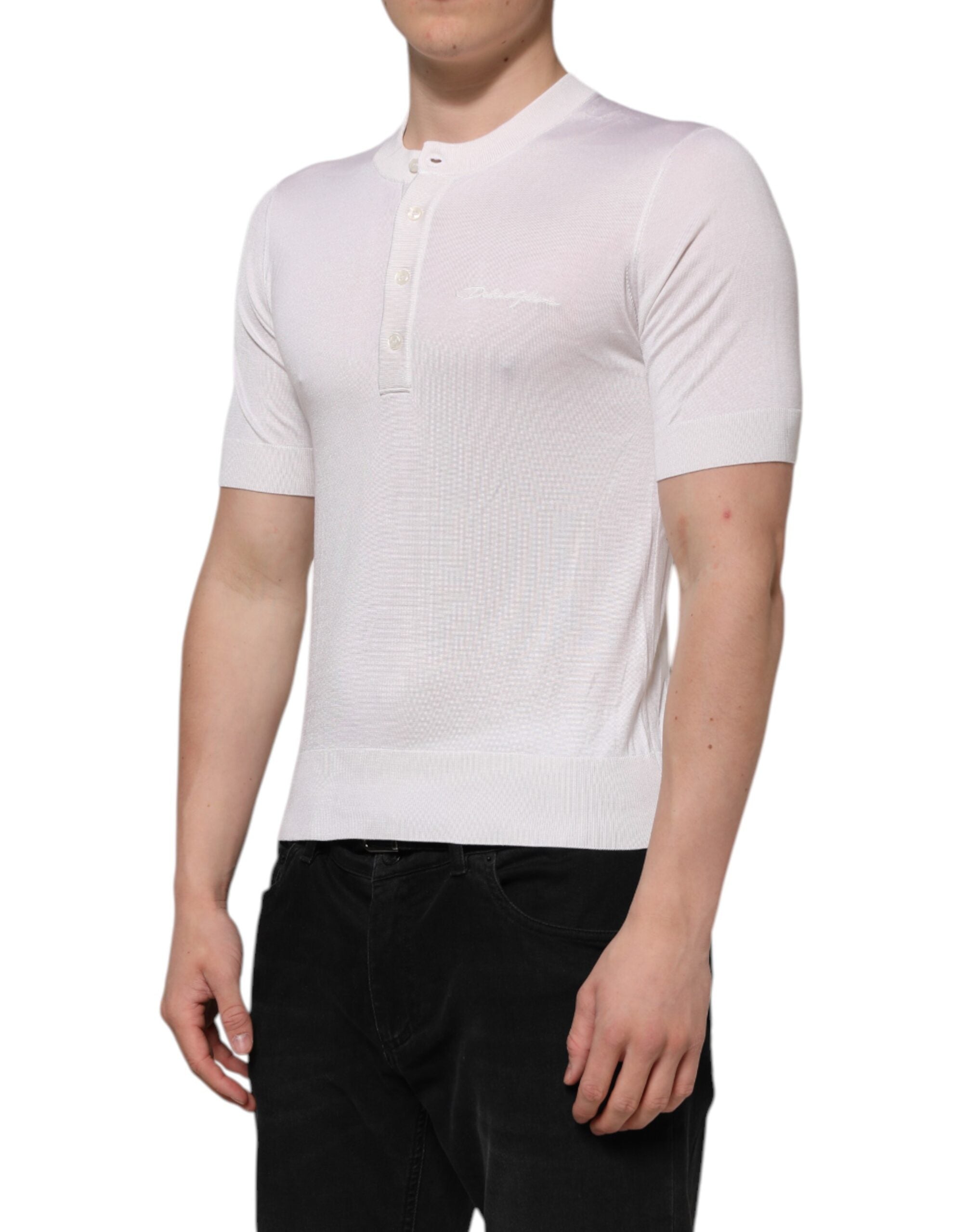 White Silk Short Sleeves Men Henley T-shirt