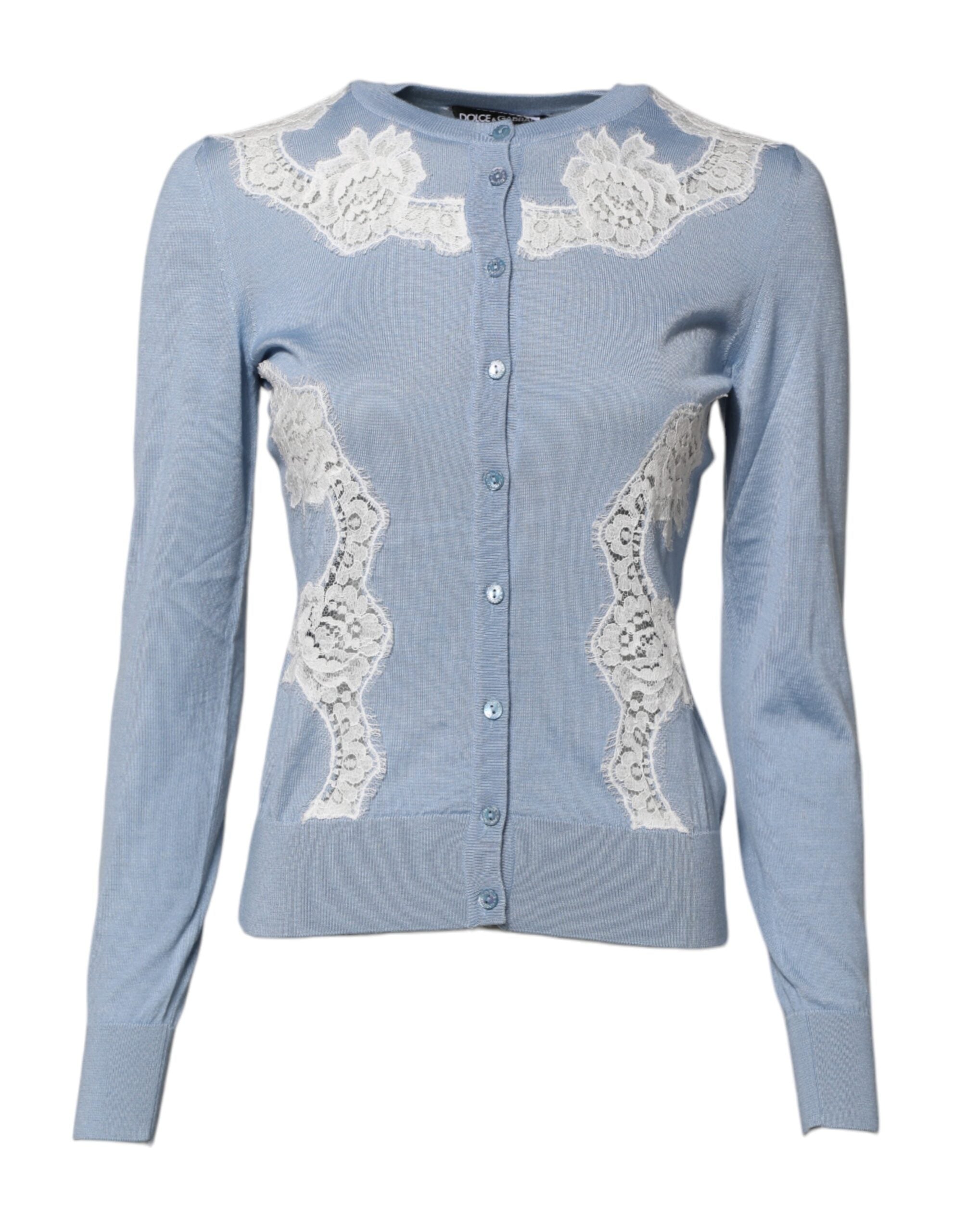 Blue Floral Lace Detailing Cardigan Sweater