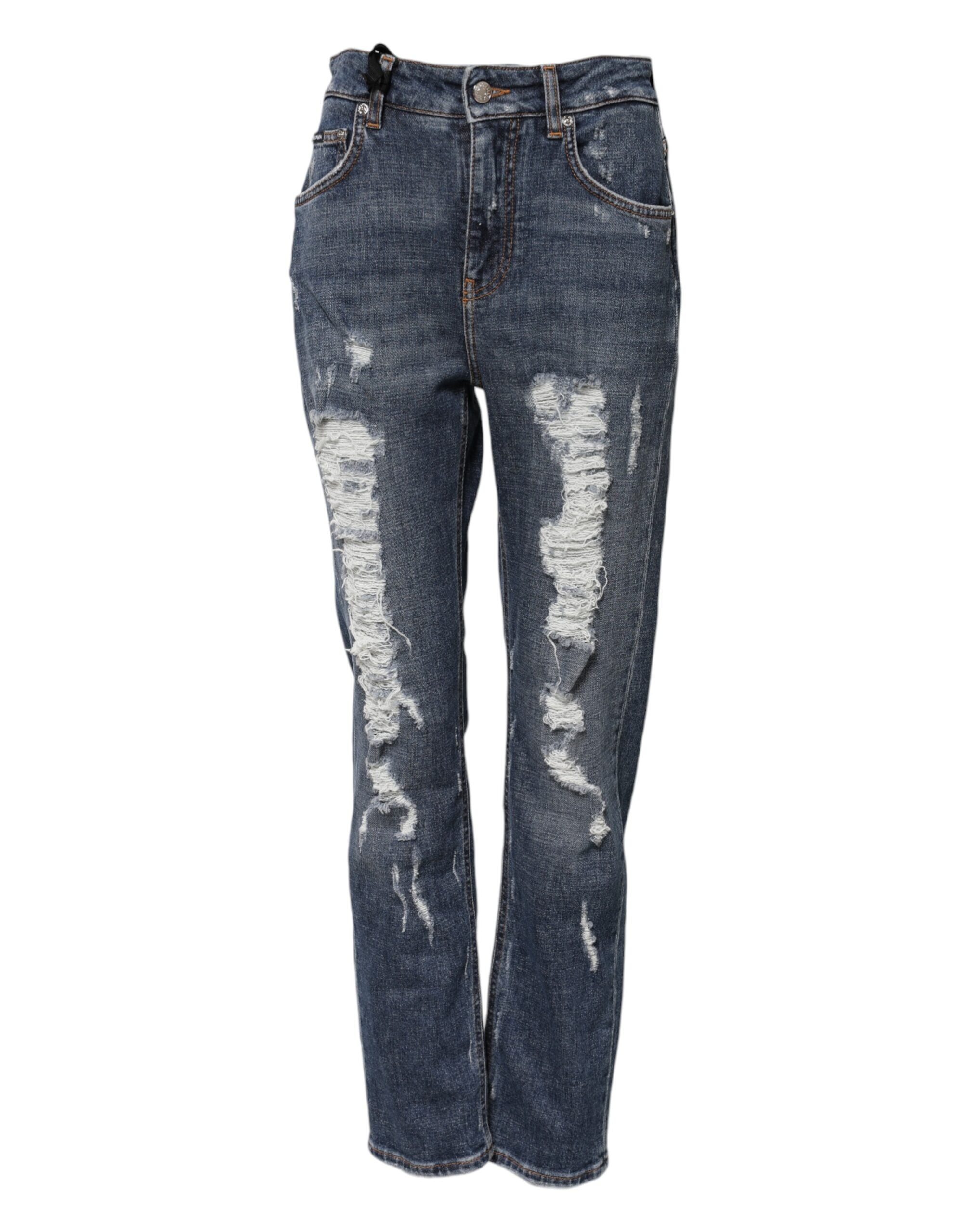 Blue Cotton Boyfriend Tattered Denim Jeans