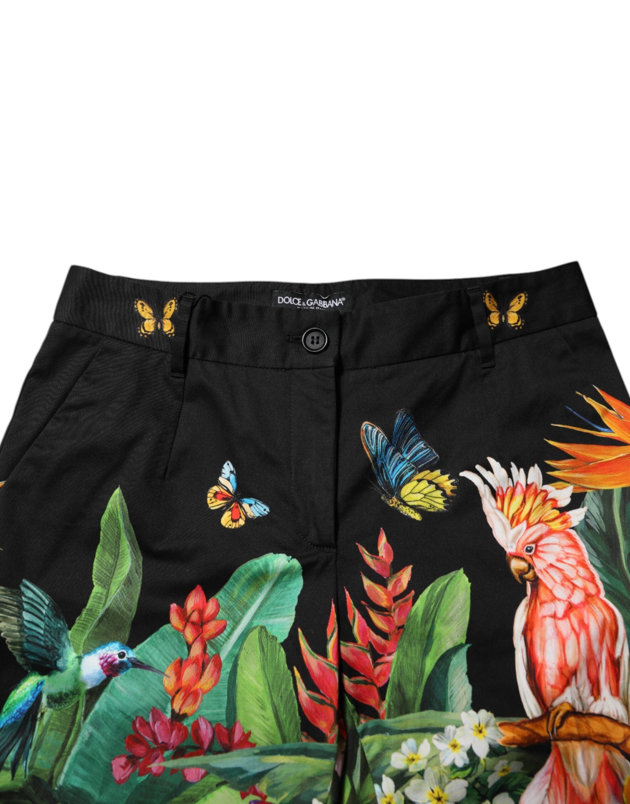 Black Cotton Tropical Mid Waist Pants