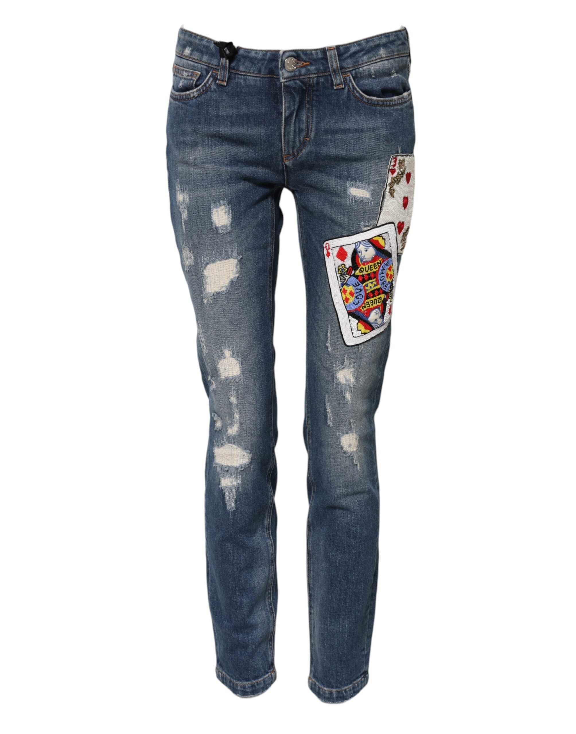 Blue Play Card Embroidery Skinny Denim Jeans