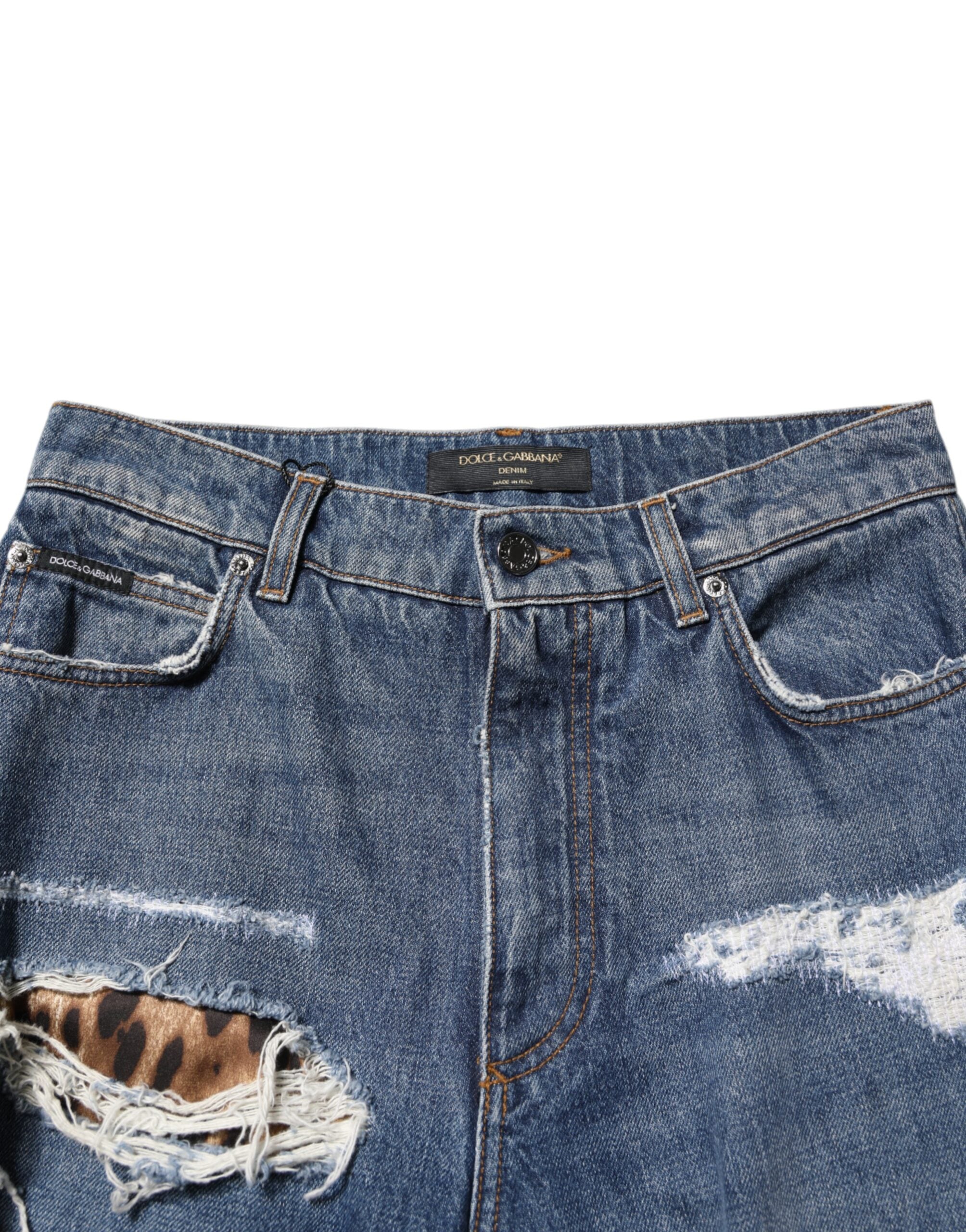 Blue Tattered Cotton Straight Denim Jeans