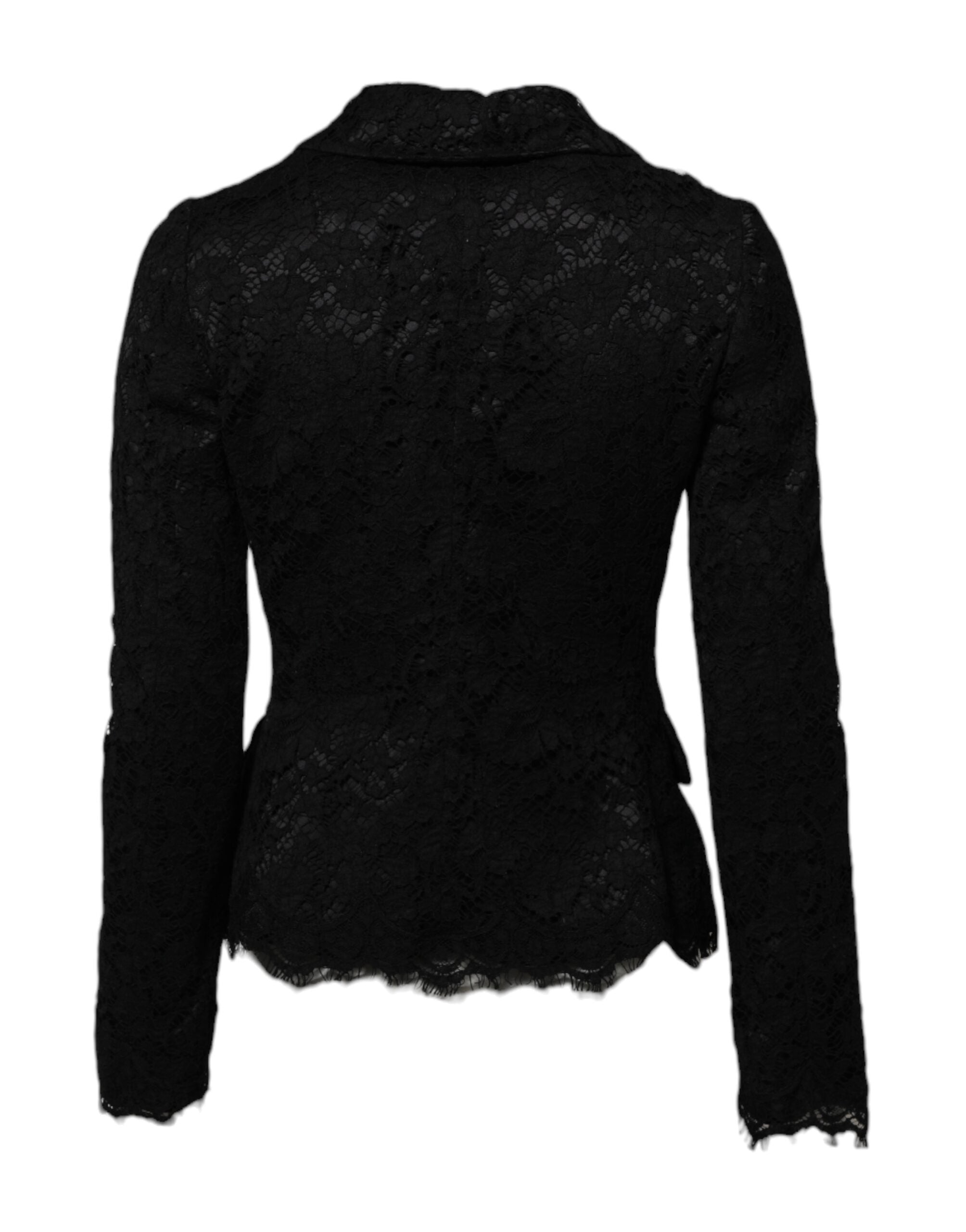 Black Floral Lace Cotton Collared Jacket