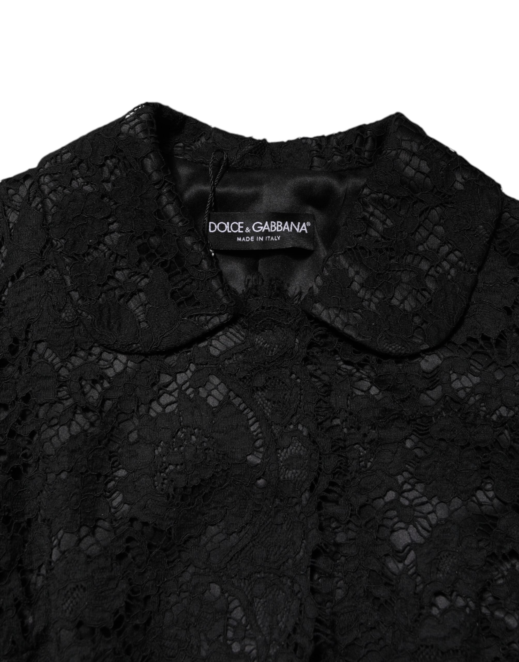 Black Floral Lace Cotton Collared Jacket