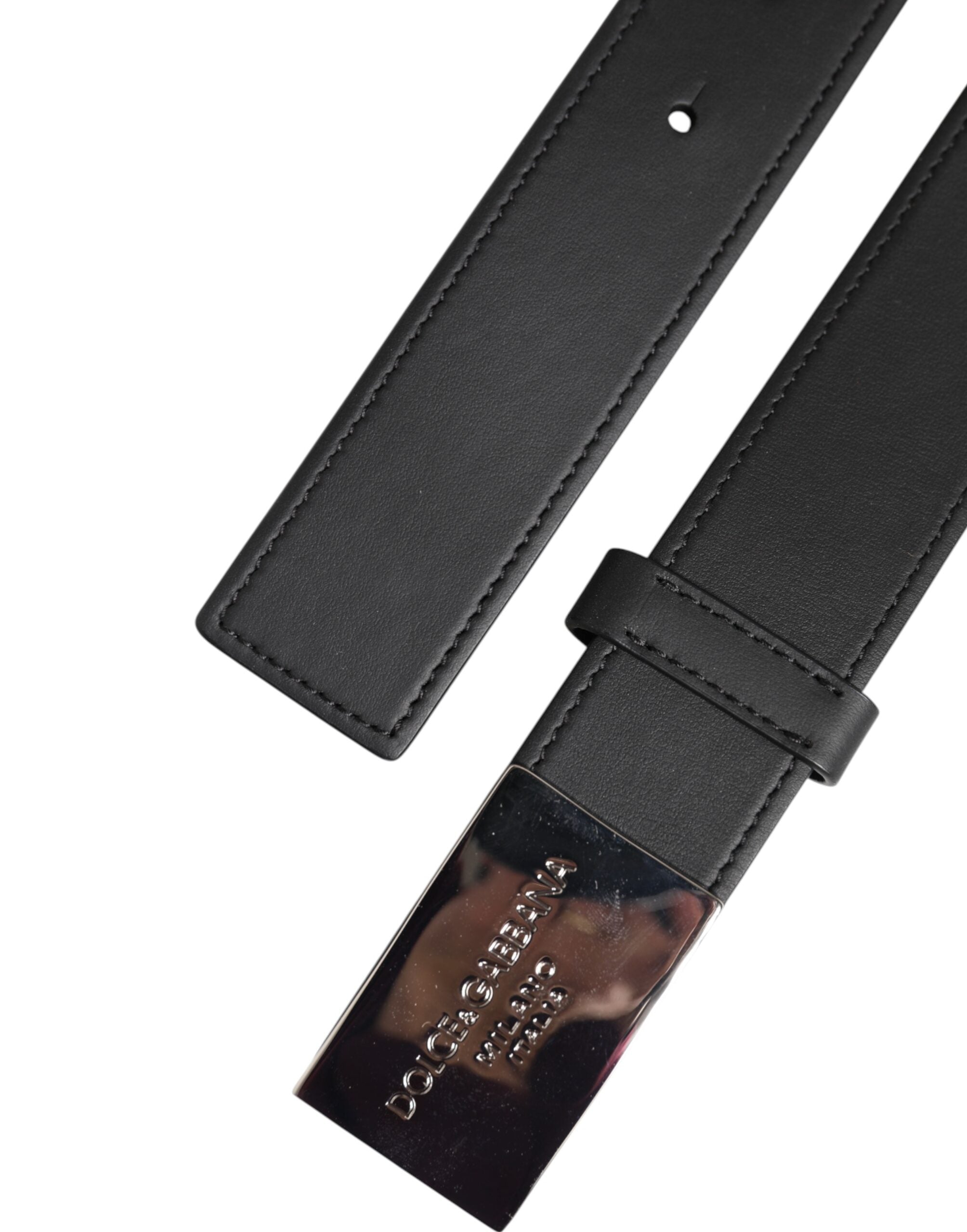 Black Leather Silver Metal Logo Buckle Belt