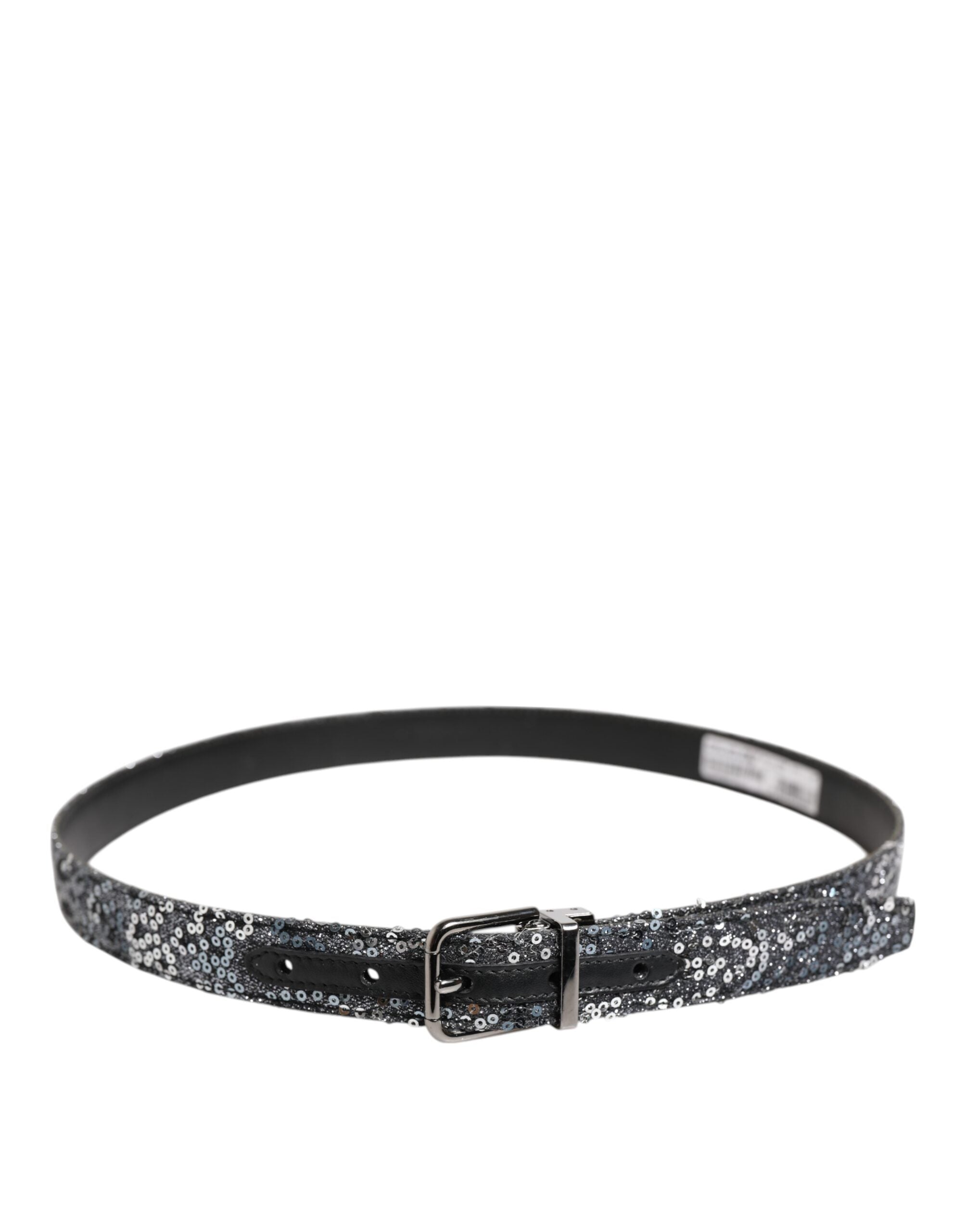 Black Sequins Silver Metal Logo Buckle Belt