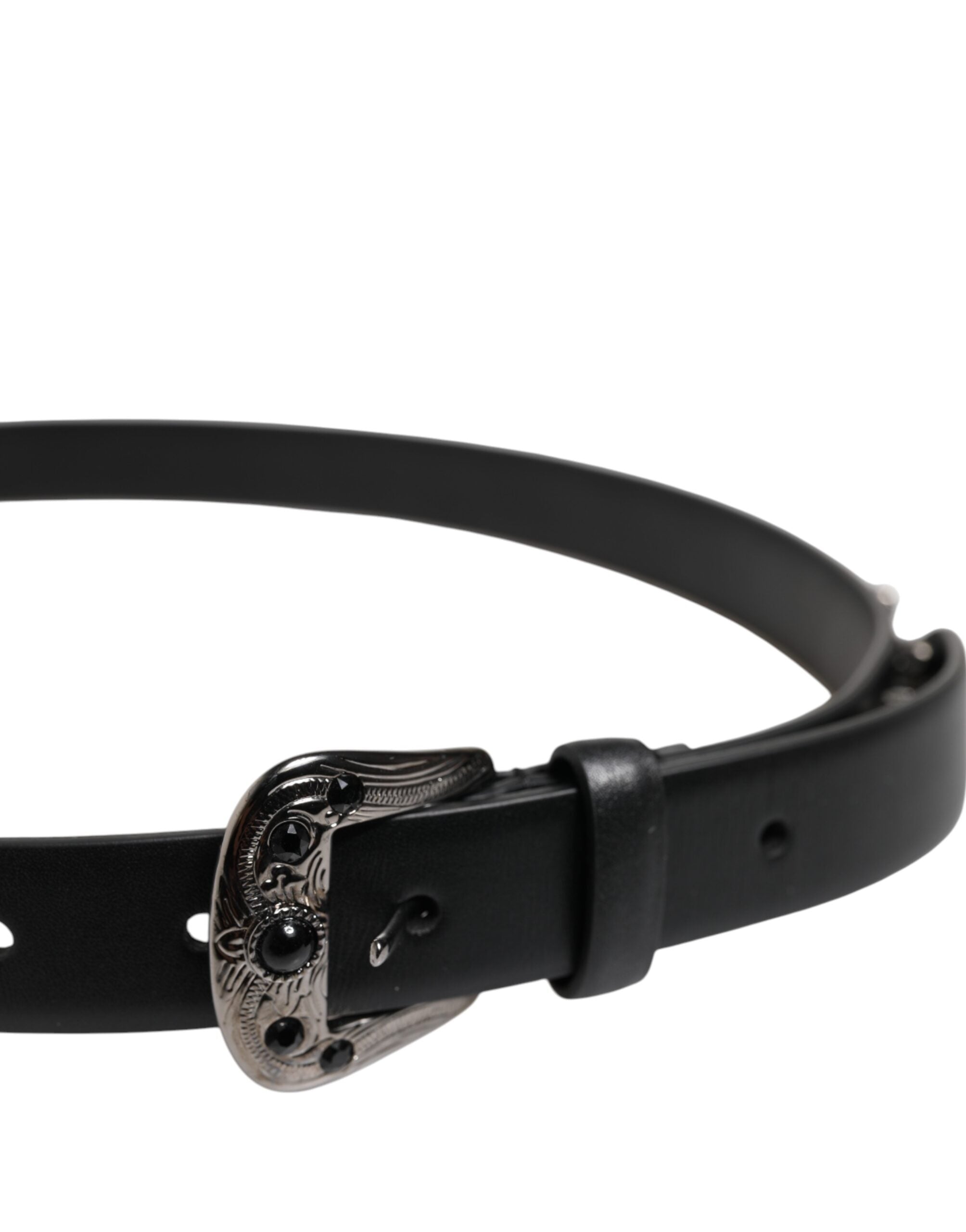 Black Studded Leather Metal Logo Buckle Belt