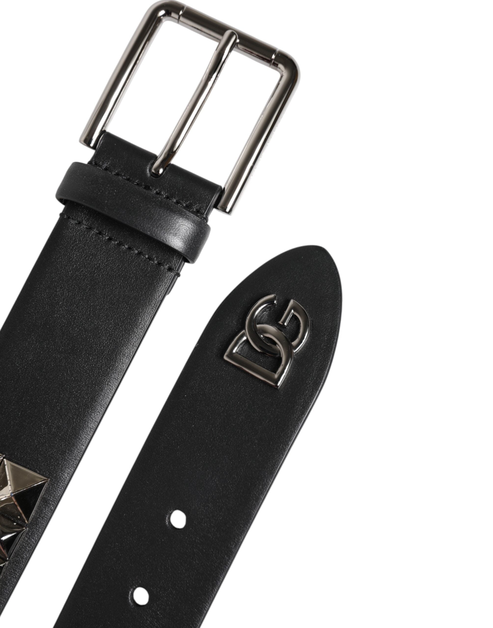 Black Leather Studded DG Metal Buckle Belt